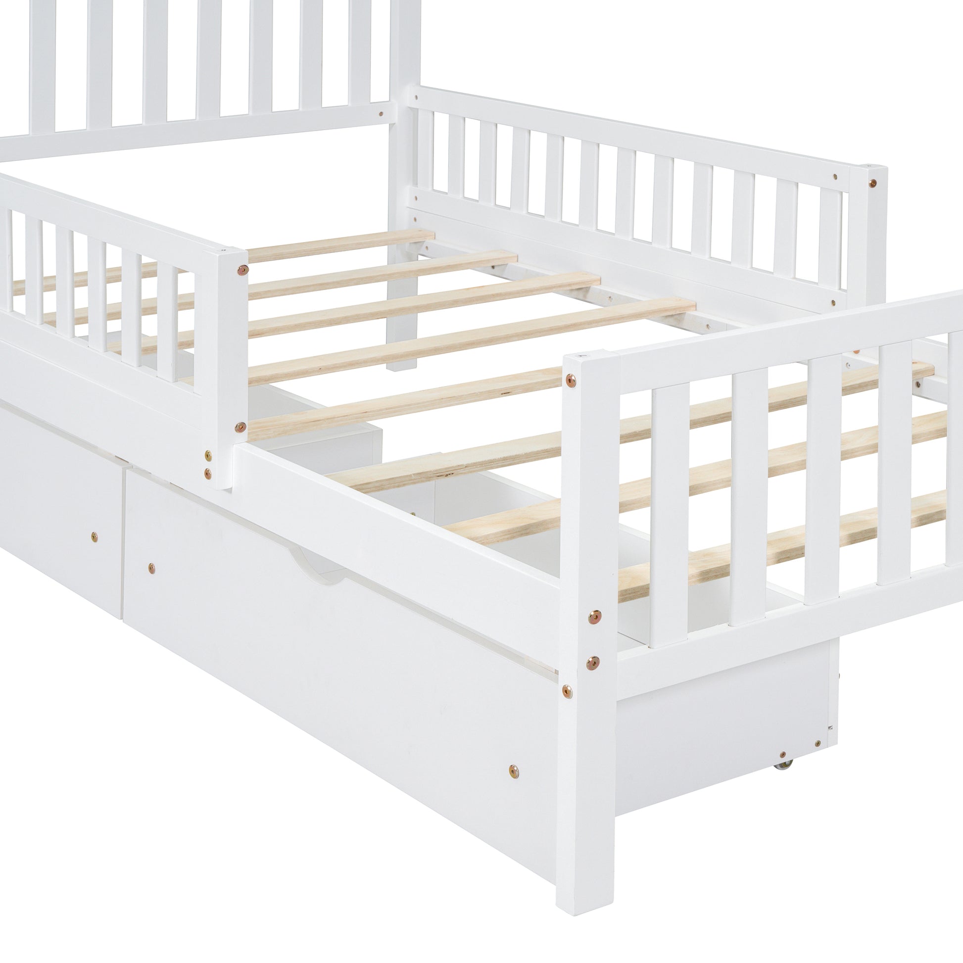 Twin Size Wood Platform Bed With Guardrails On Both Sides And Two Storage Drawers ,White Twin White Wood