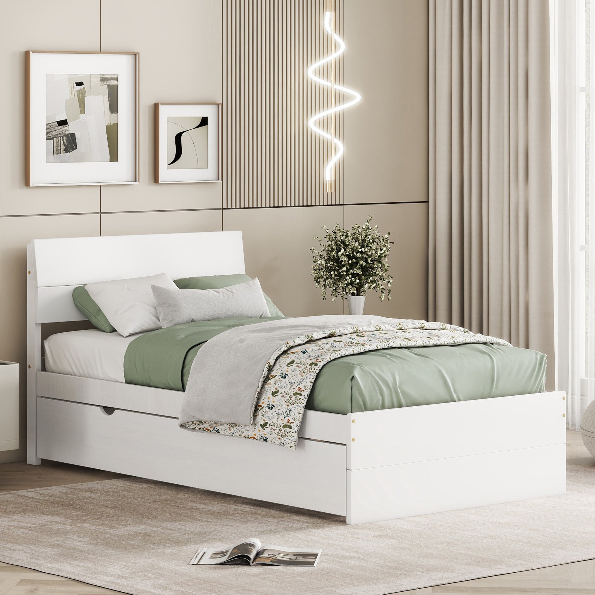 Modern Twin Bed Frame With Twin Trundle For White High Gloss Headboard And Footboard With Creamy White Color Twin Creamy White,White Bedroom Mdf,Rubber Wood