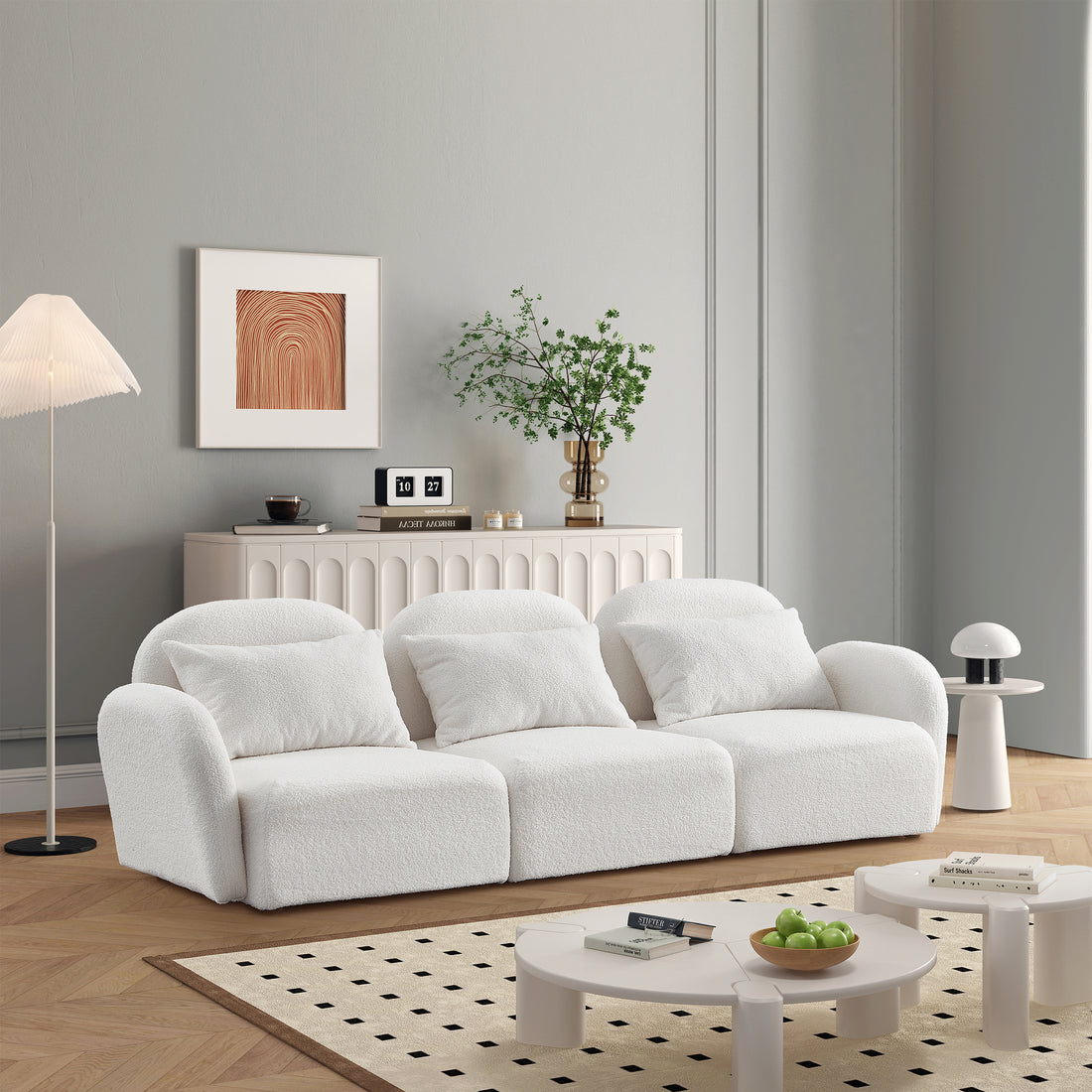 Living Room Furniture Three Seat Lazy Sofa Teddy Fabric White White Foam Teddy