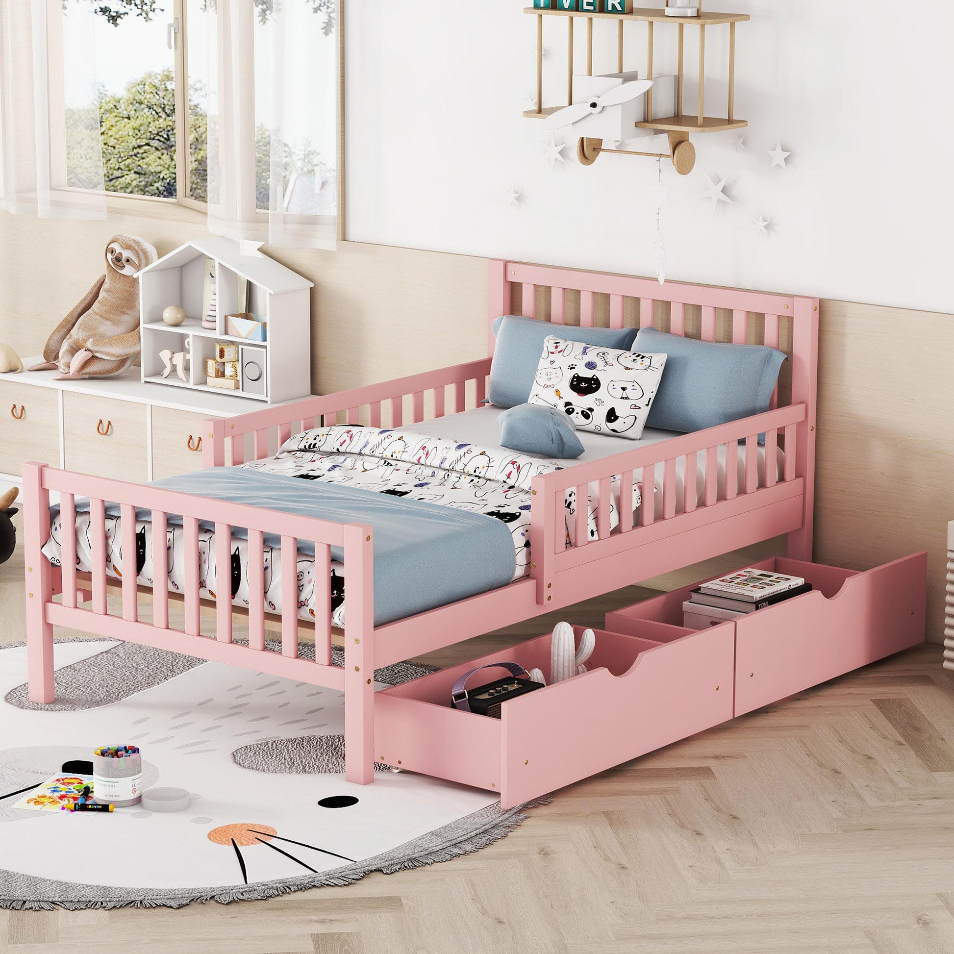 Twin Size Wood Platform Bed With Guardrails On Both Sides And Two Storage Drawers ,Pink Twin Pink Wood