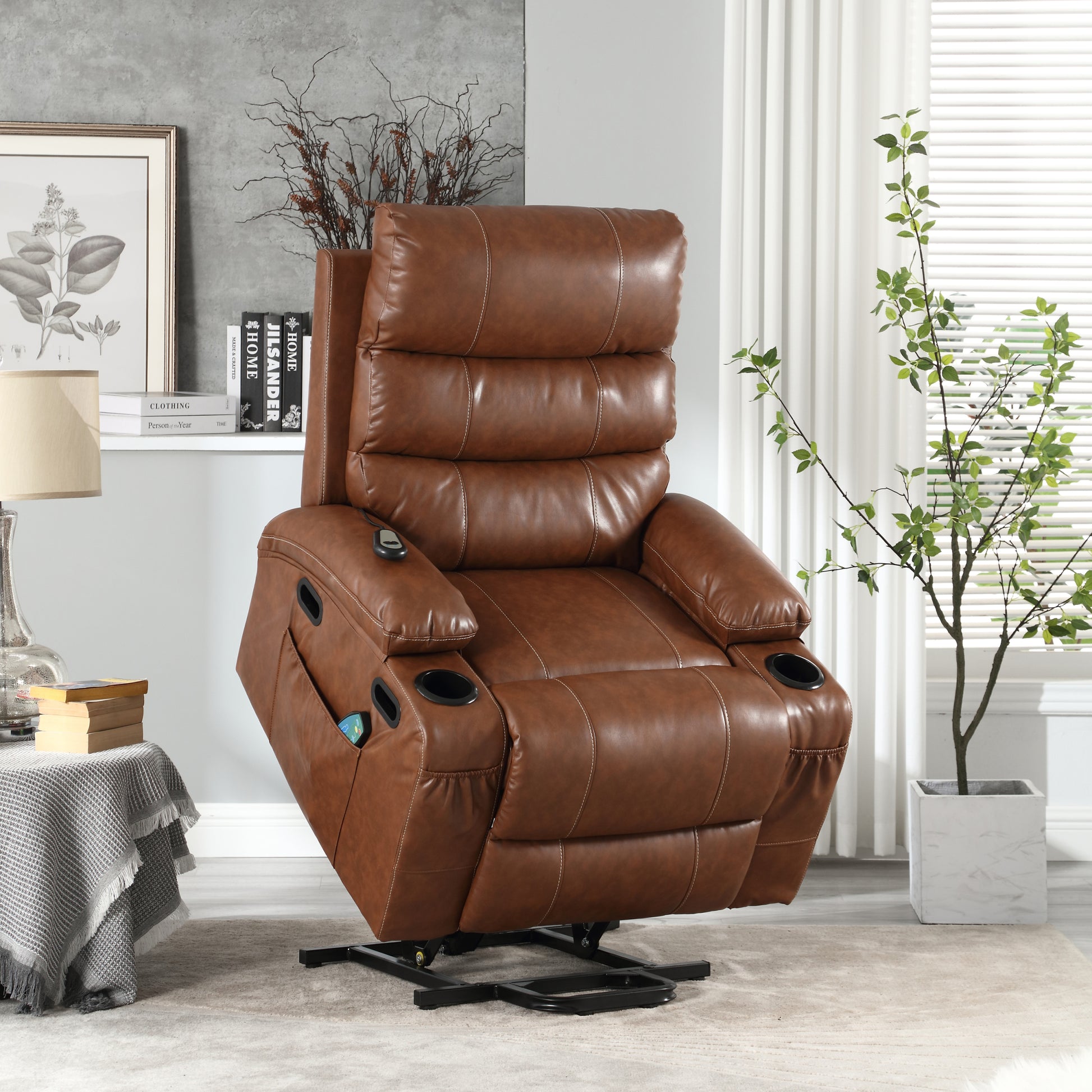 21"Seat Width,Large Size Electric Power Lift Recliner Chair Sofa For Elderly, 8 Point Vibration Massage And Lumber Heat, Remote Control, Side Pockets And Cup Holders, Cozy Fabric, Overstuffed Arm Pu Brown Pu