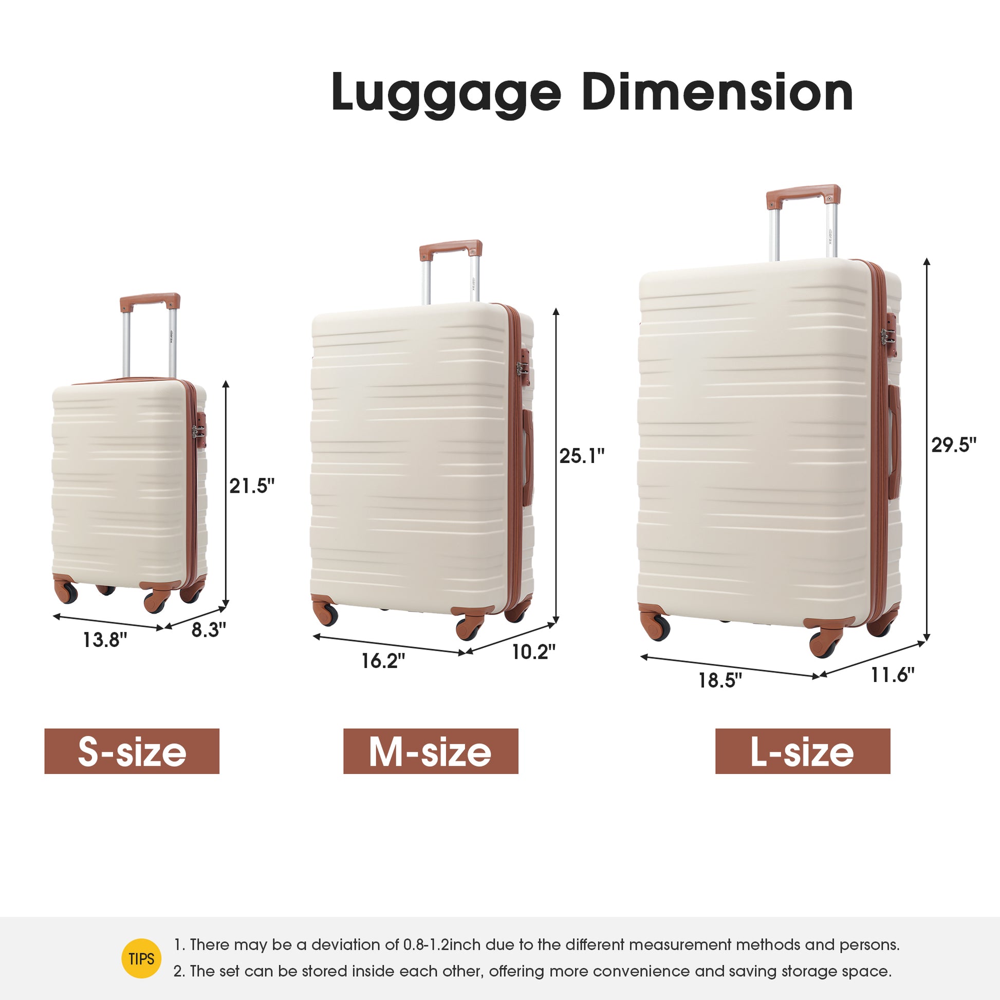 Hardshell Luggage Sets 3 Pcs Spinner Suitcase With Tsa Lock Lightweight 20''24''28'' Brown White Abs