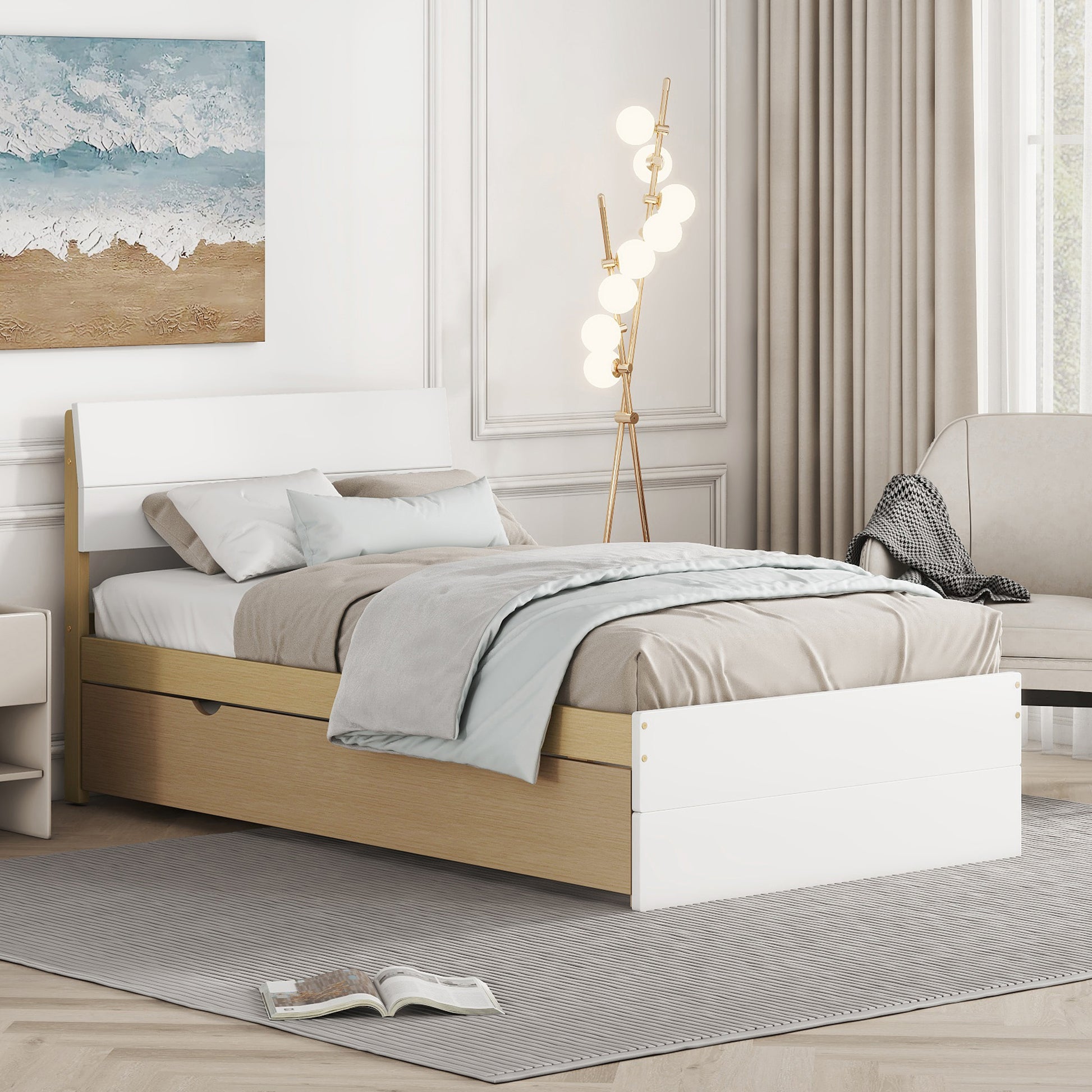 Modern Twin Bed Frame For White High Gloss Headboard And Footboard With Light Oak Trundle Twin White Light Oak Bedroom Mdf,Rubber Wood