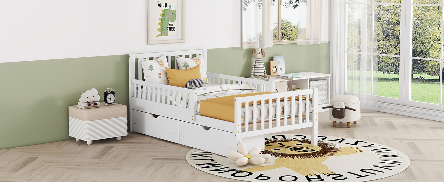 Twin Size Wood Platform Bed With Guardrails On Both Sides And Two Storage Drawers ,White Twin White Wood