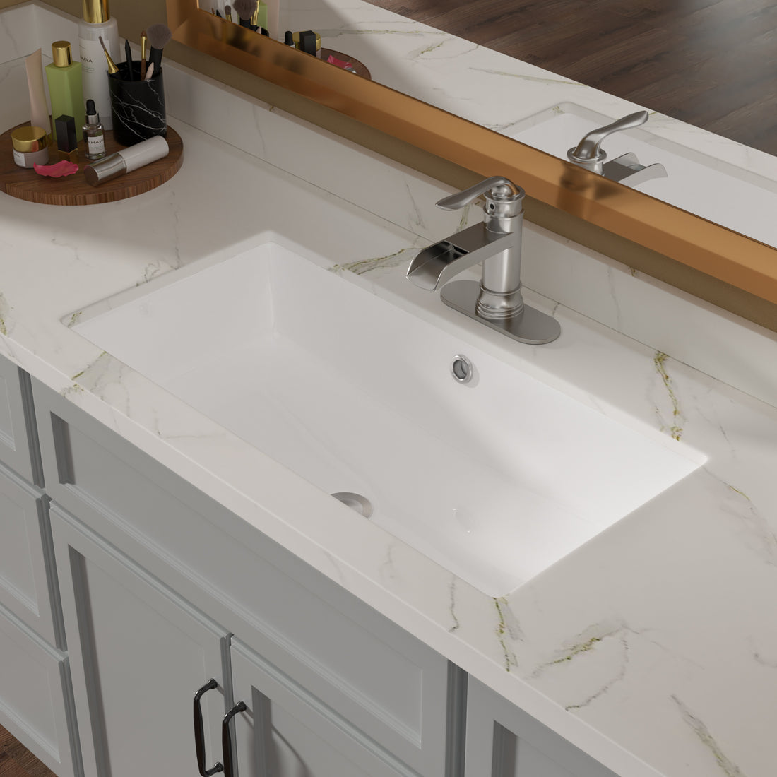 28"X14" White Ceramic Rectangular Undermount Bathroom Sink With Overflow White Ceramic