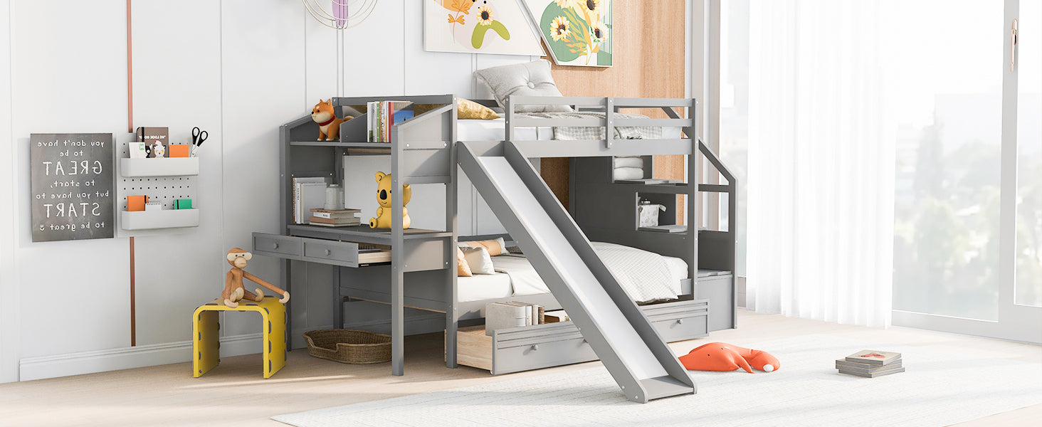 Twin Over Twin Bunk Bed With Storage Staircase, Slide And Drawers, Desk With Drawers And Shelves, Gray Box Spring Not Required Twin Gray Wood Bedroom Bunk Pine