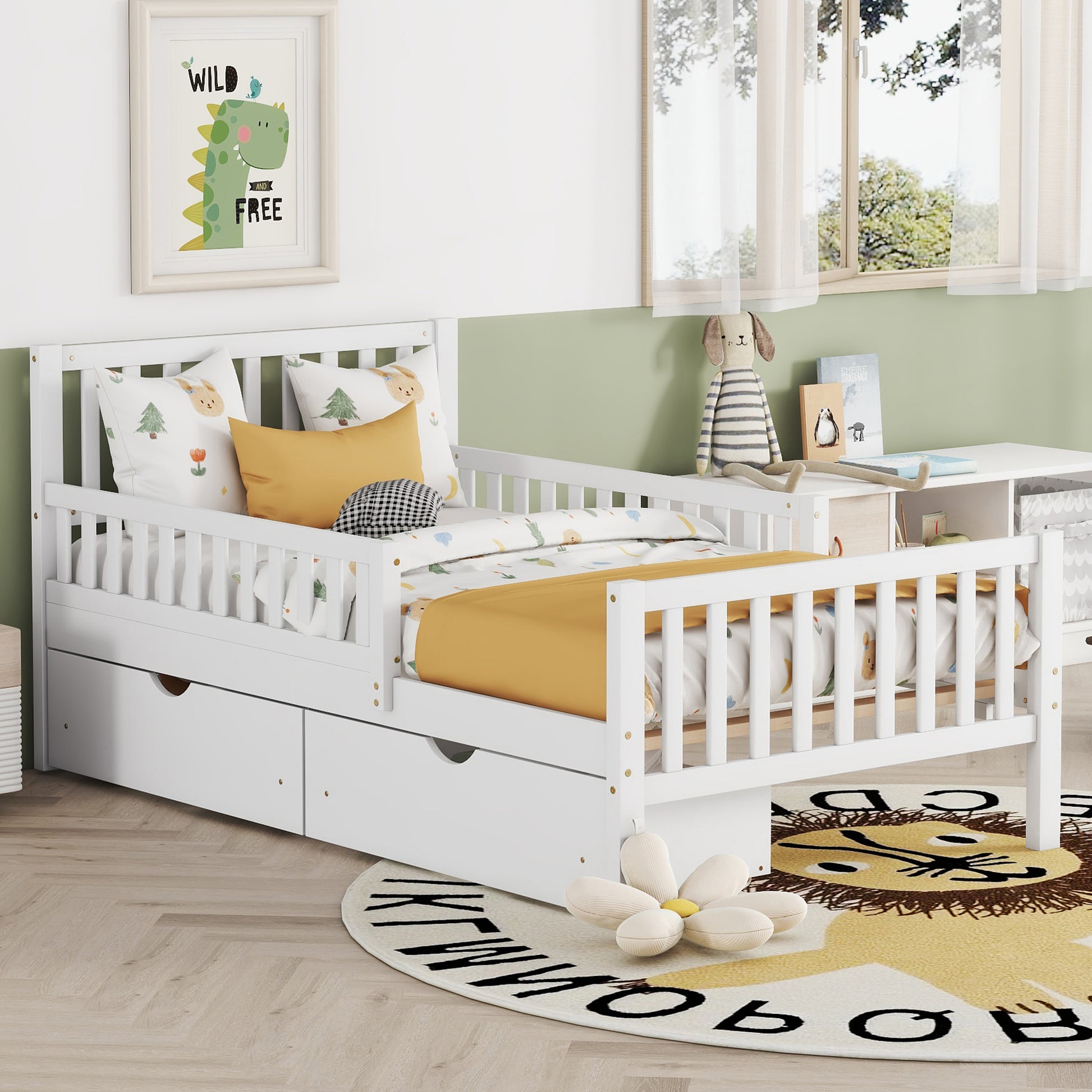 Twin Size Wood Platform Bed With Guardrails On Both Sides And Two Storage Drawers ,White Twin White Wood