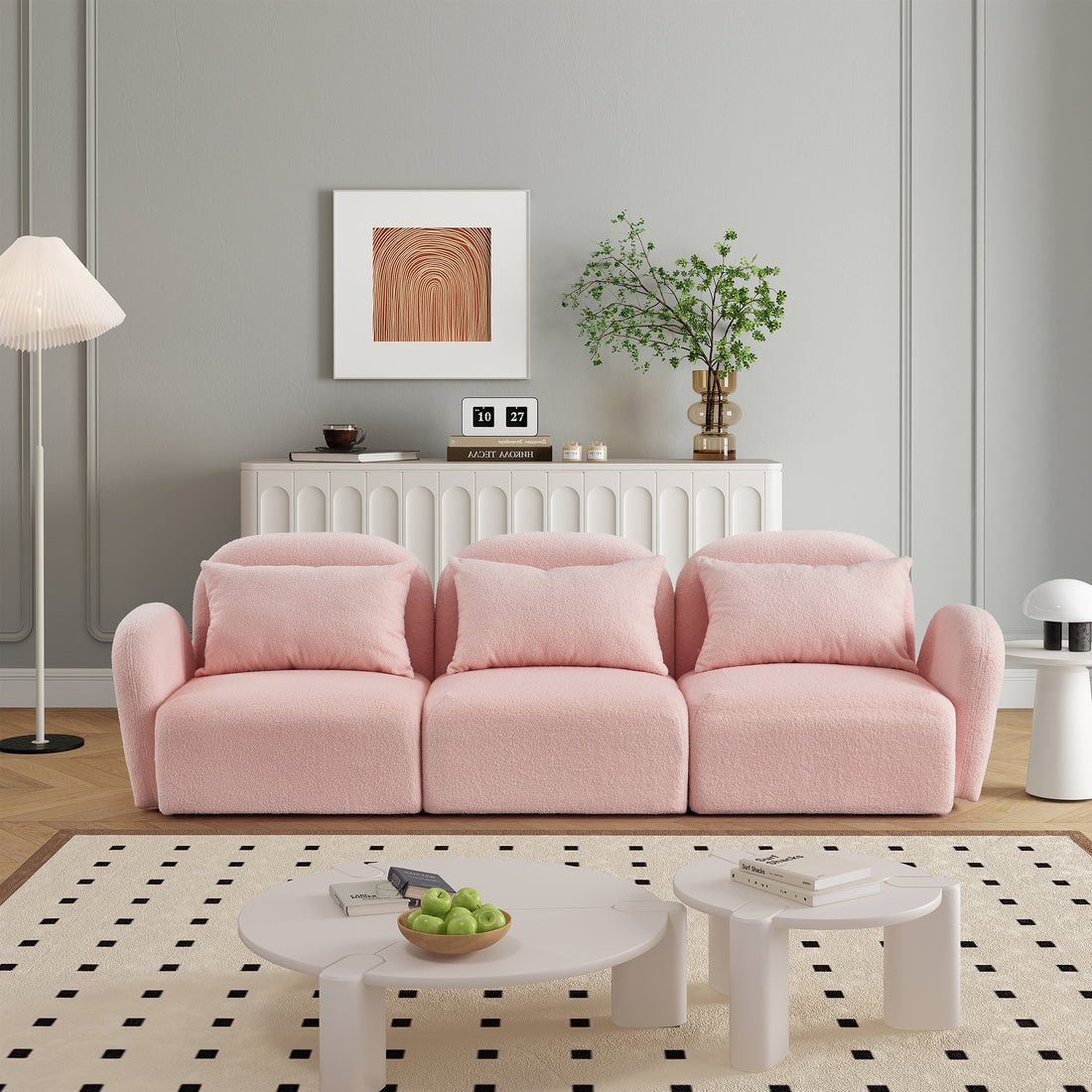 Living Room Furniture Three Seat Lazy Sofa Teddy Fabric Pink Pink Foam Teddy