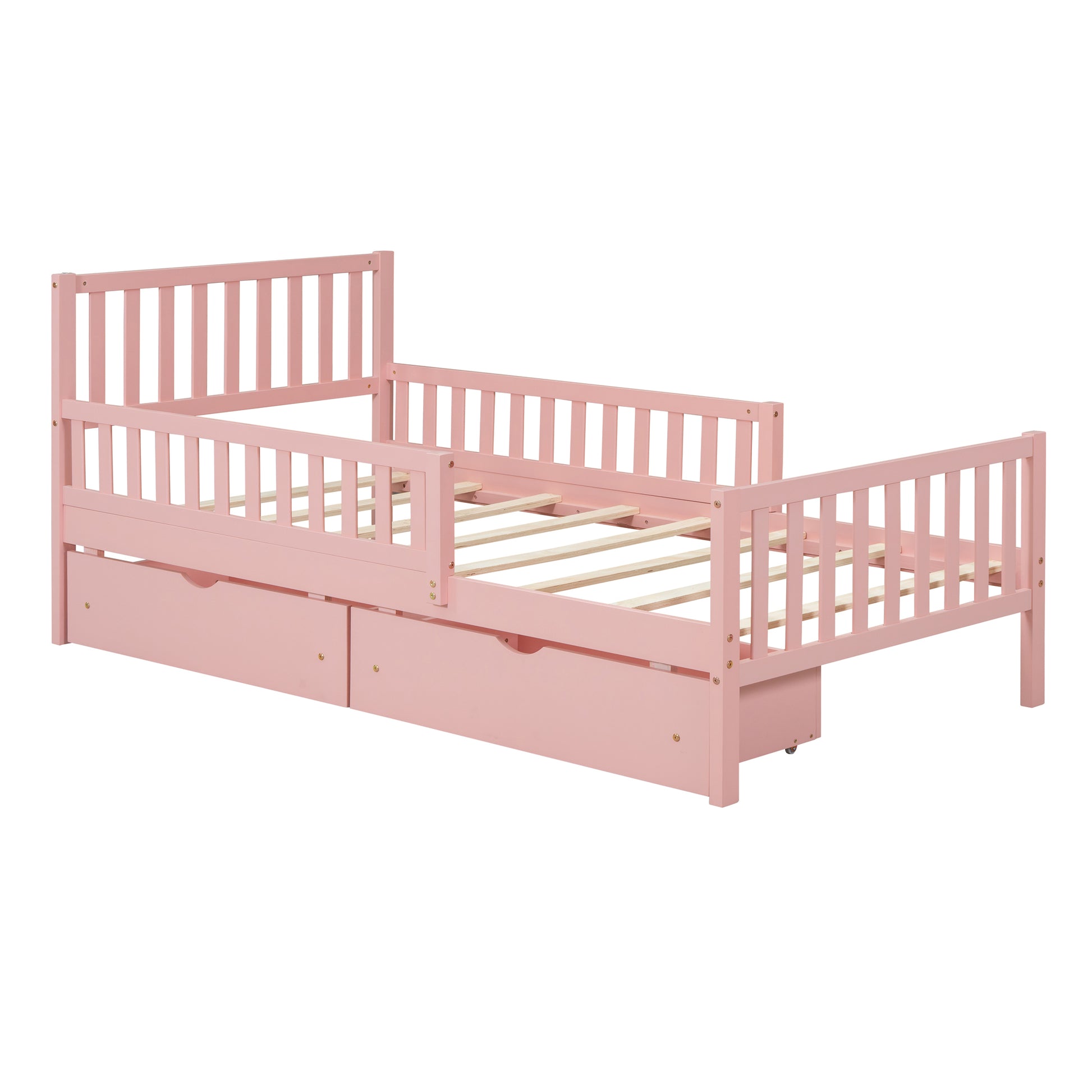 Twin Size Wood Platform Bed With Guardrails On Both Sides And Two Storage Drawers ,Pink Twin Pink Wood