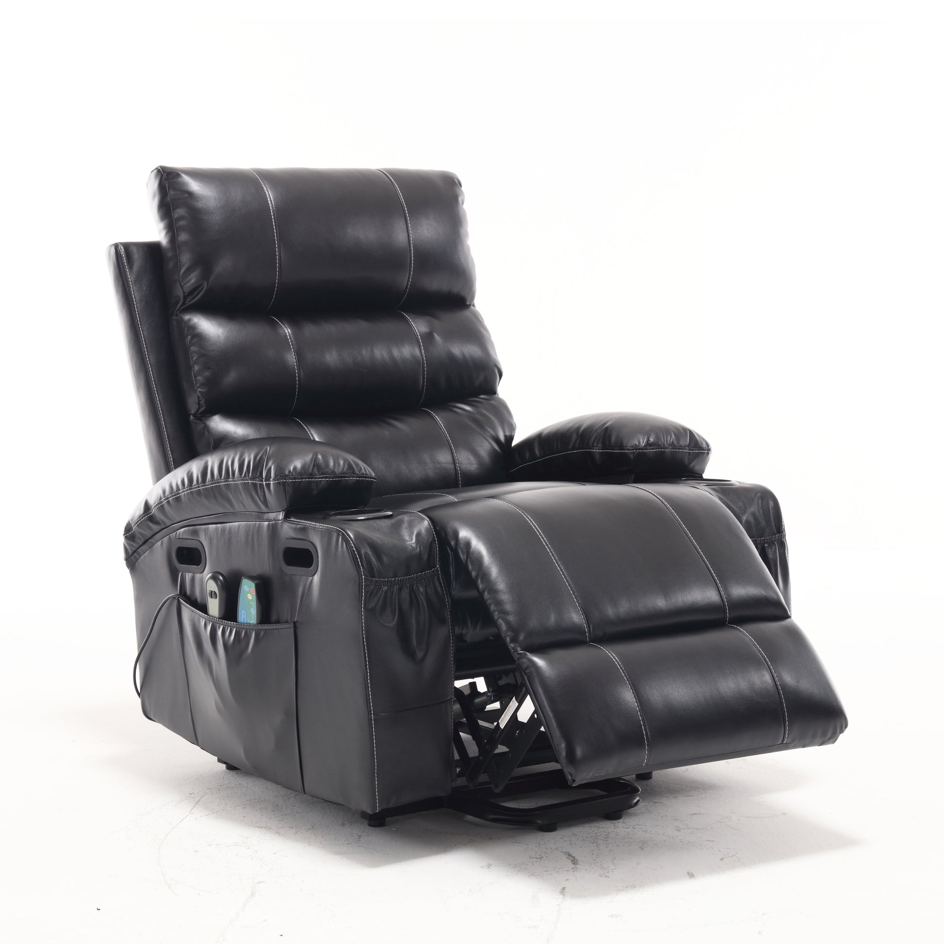 21"Seat Width,Large Size Electric Power Lift Recliner Chair Sofa For Elderly, 8 Point Vibration Massage And Lumber Heat, Remote Control, Side Pockets And Cup Holders, Cozy Fabric, Overstuffed Arm Pu Black Pu