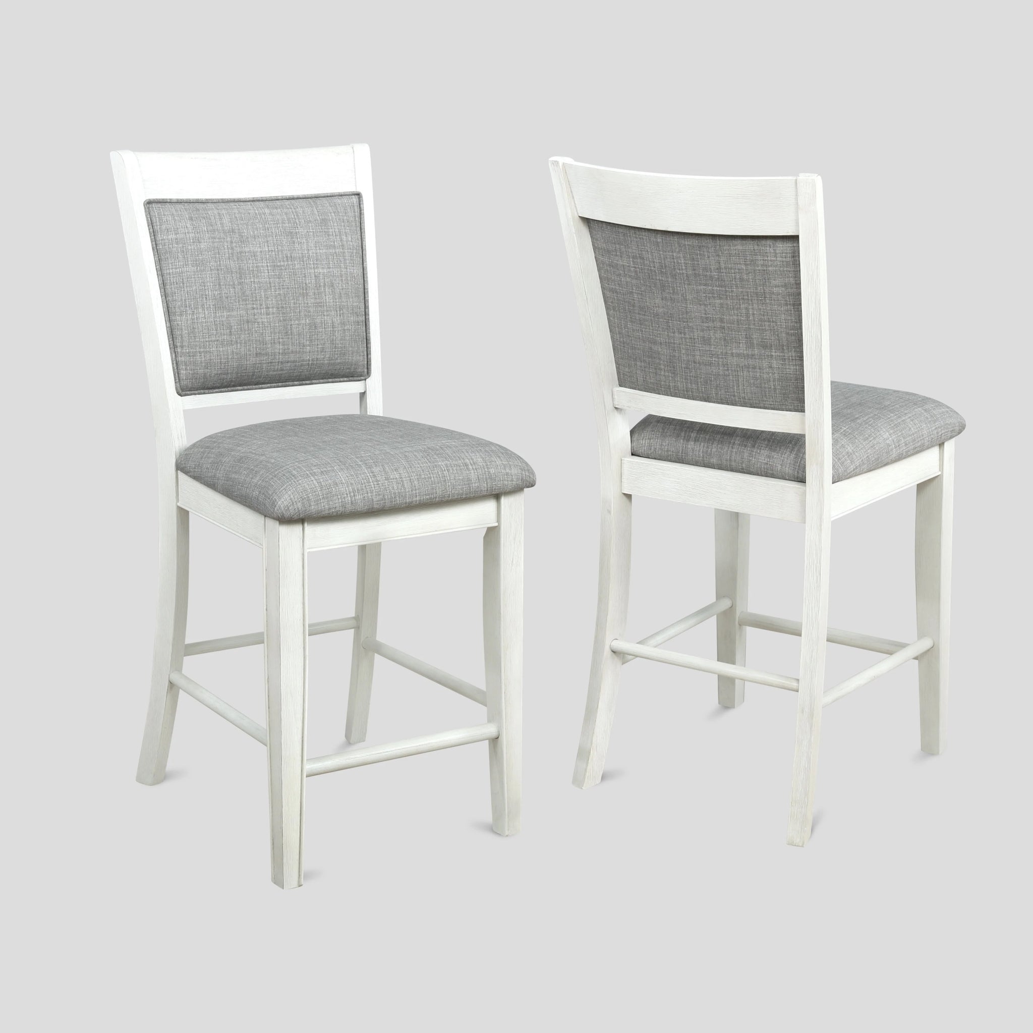 Farmhouse Style 2Pc White & Gray Linen Counter Height Chair Bar Stool Footrest Wooden Furniture White Dining Room Contemporary Dining Chairs Wood