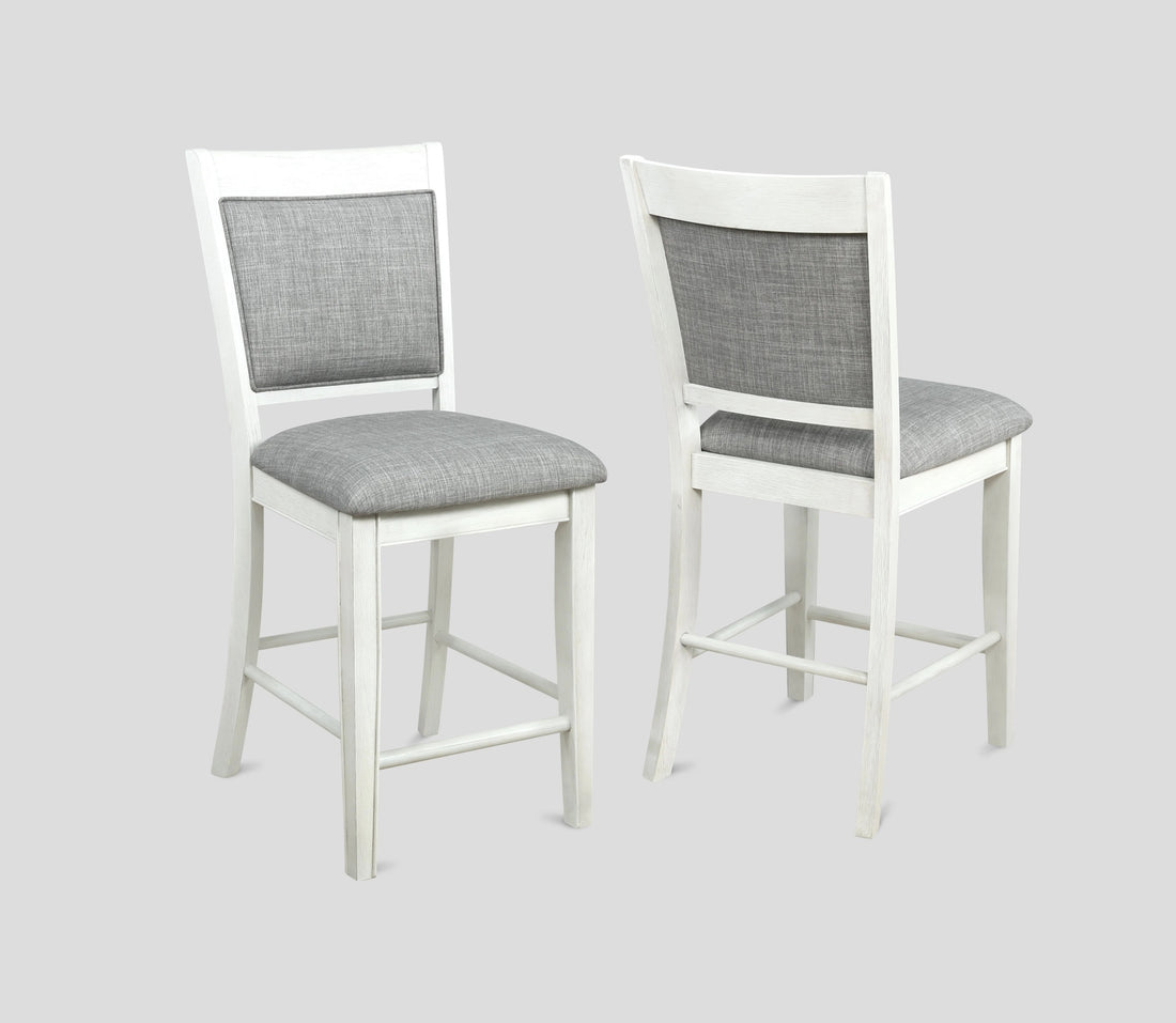 Farmhouse Style 2Pc White & Gray Linen Counter Height Chair Bar Stool Footrest Wooden Furniture White Dining Room Contemporary Dining Chairs Wood