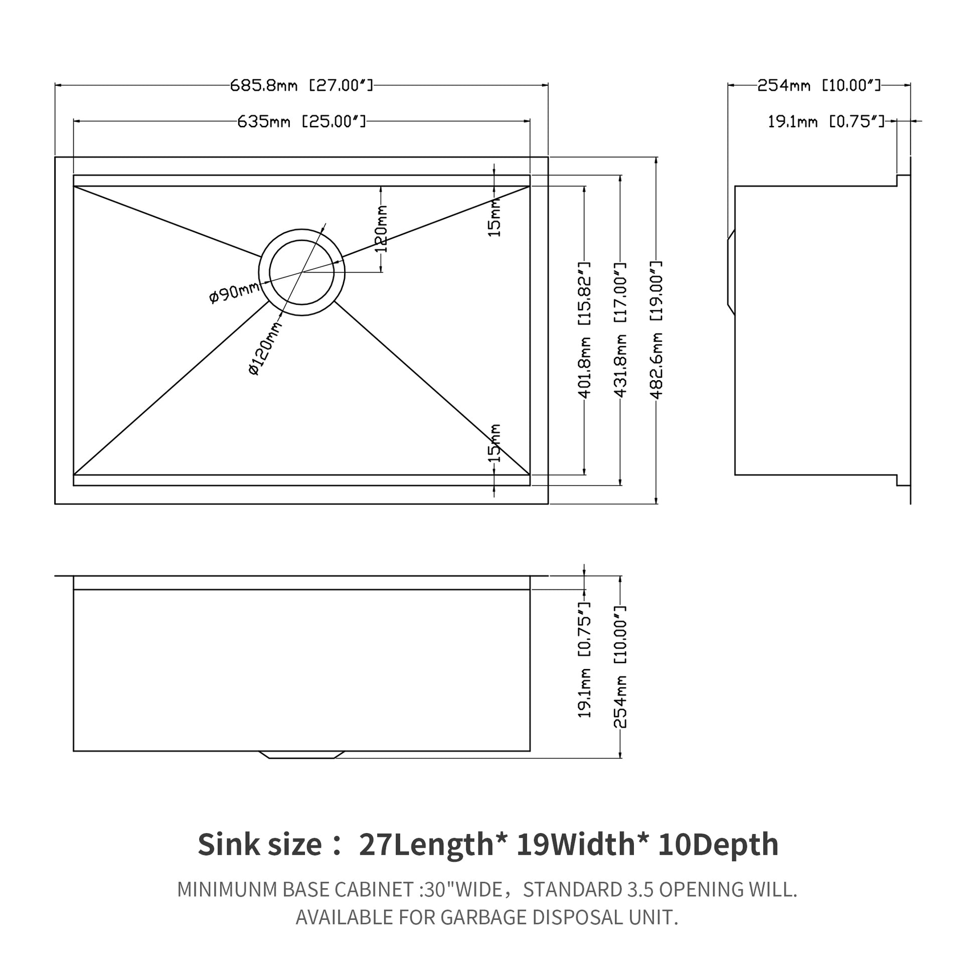 Single Bowl Undermount Workstation Kitchen Sink 27"X19"X 10" Inch 16 Gauge Stainless Steel Deep Sink Brushed Nickel Stainless Steel