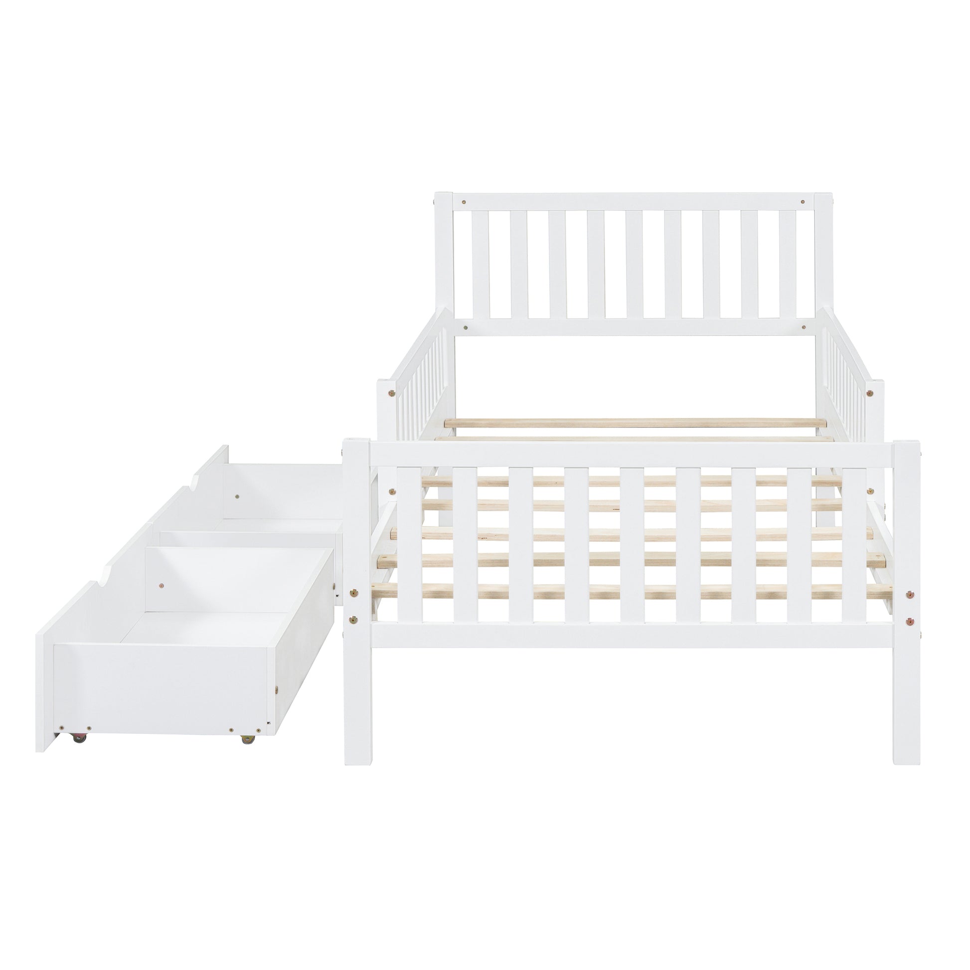 Twin Size Wood Platform Bed With Guardrails On Both Sides And Two Storage Drawers ,White Twin White Wood