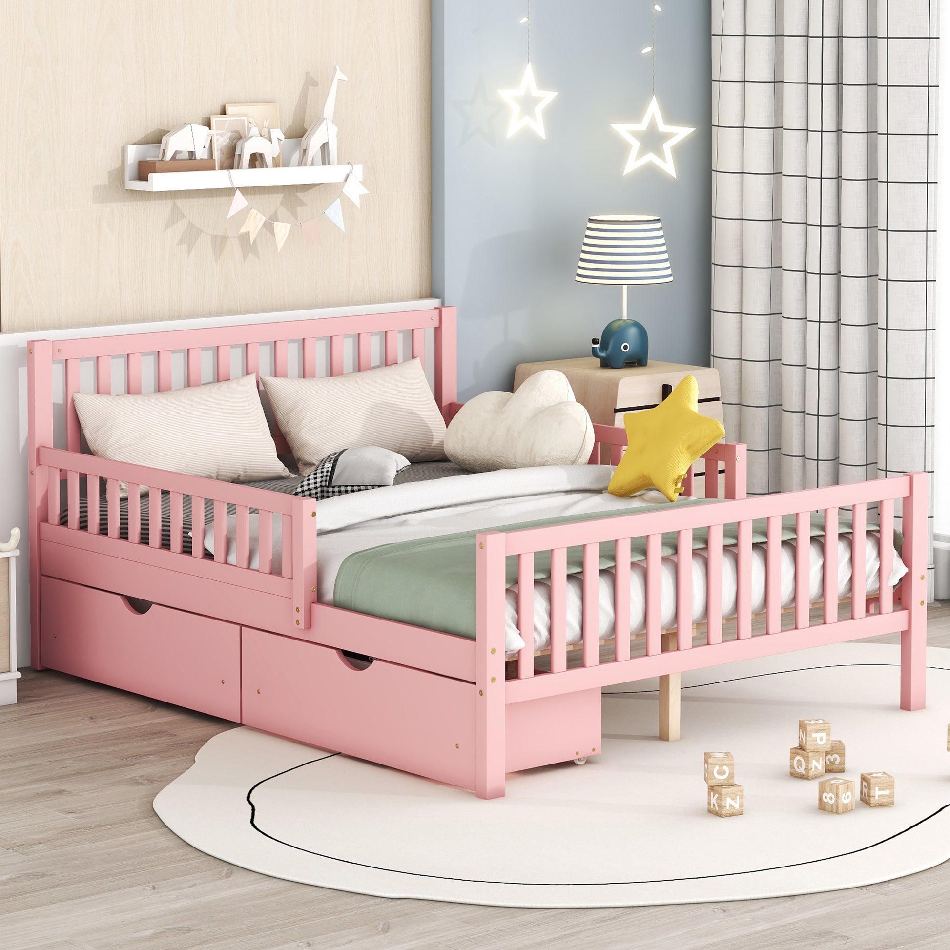Full Size Wood Platform Bed With Guardrails On Both Sides And Two Storage Drawers ,Pink Full Pink Wood