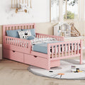 Twin Size Wood Platform Bed With Guardrails On Both Sides And Two Storage Drawers ,Pink Twin Pink Wood