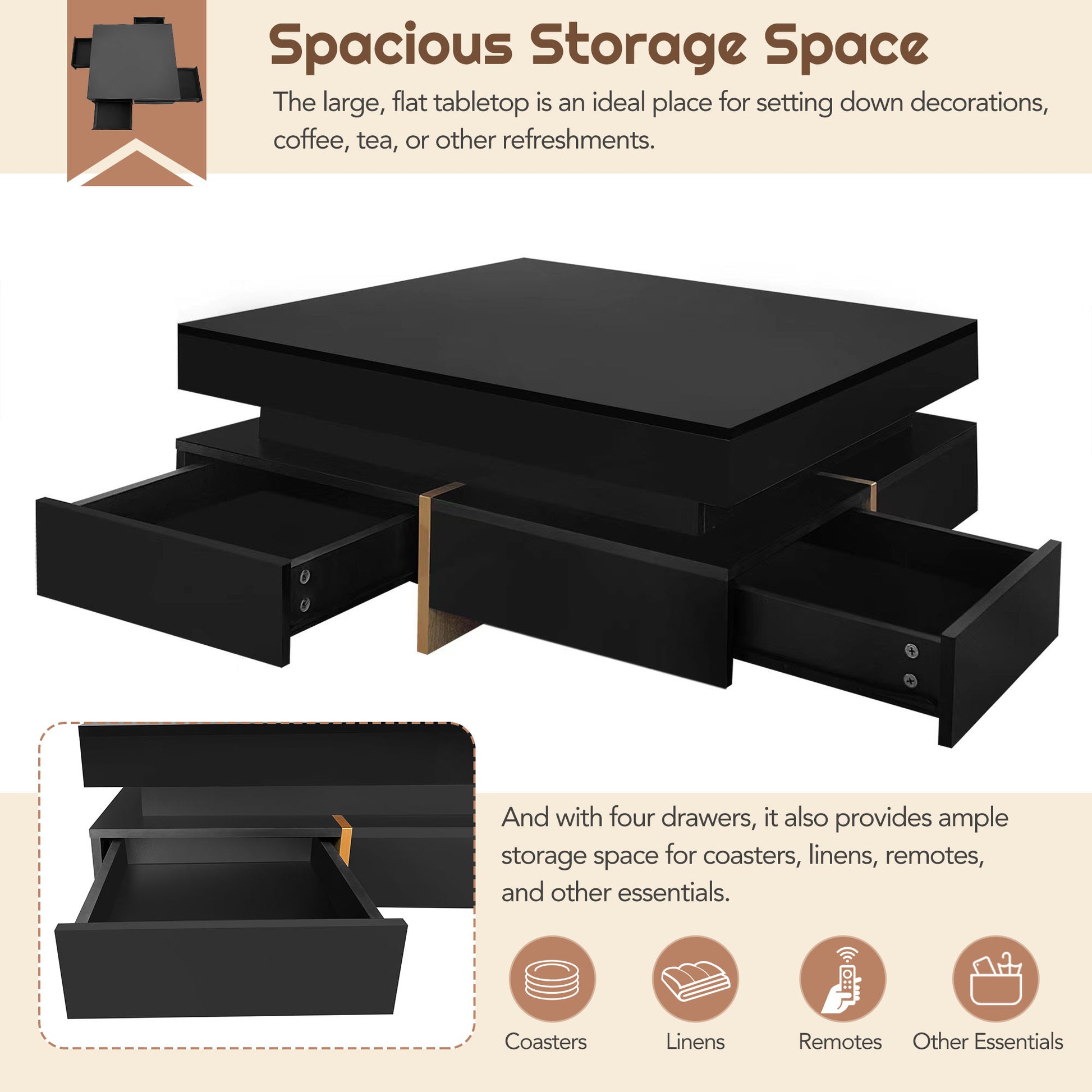 Modern High Gloss Coffee Table With 4 Drawers, Multi Storage Square Cocktail Tea Table With Wood Grain Legs, Center Table For Living Room, 31.5''X31.5'', Black Black Primary Living Space Drawers Particle Board