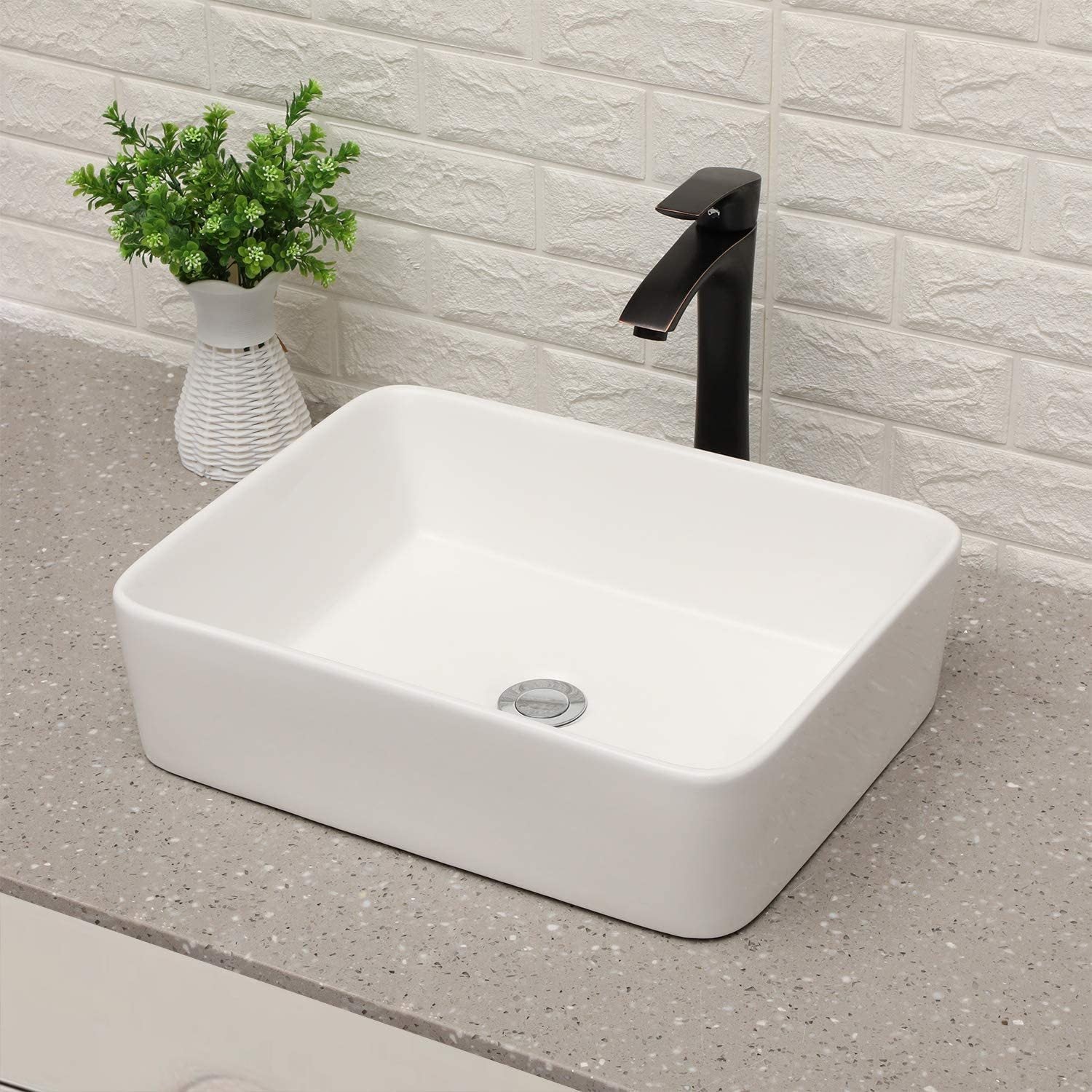 19"X15" Rectangle Bathroom Sink And Faucet Combo Modern Above White Porcelain Ceramic Vessel Vanity Sink Art Basin& Oil Rubber Bronze Single Lever Faucet Combo White Ceramic