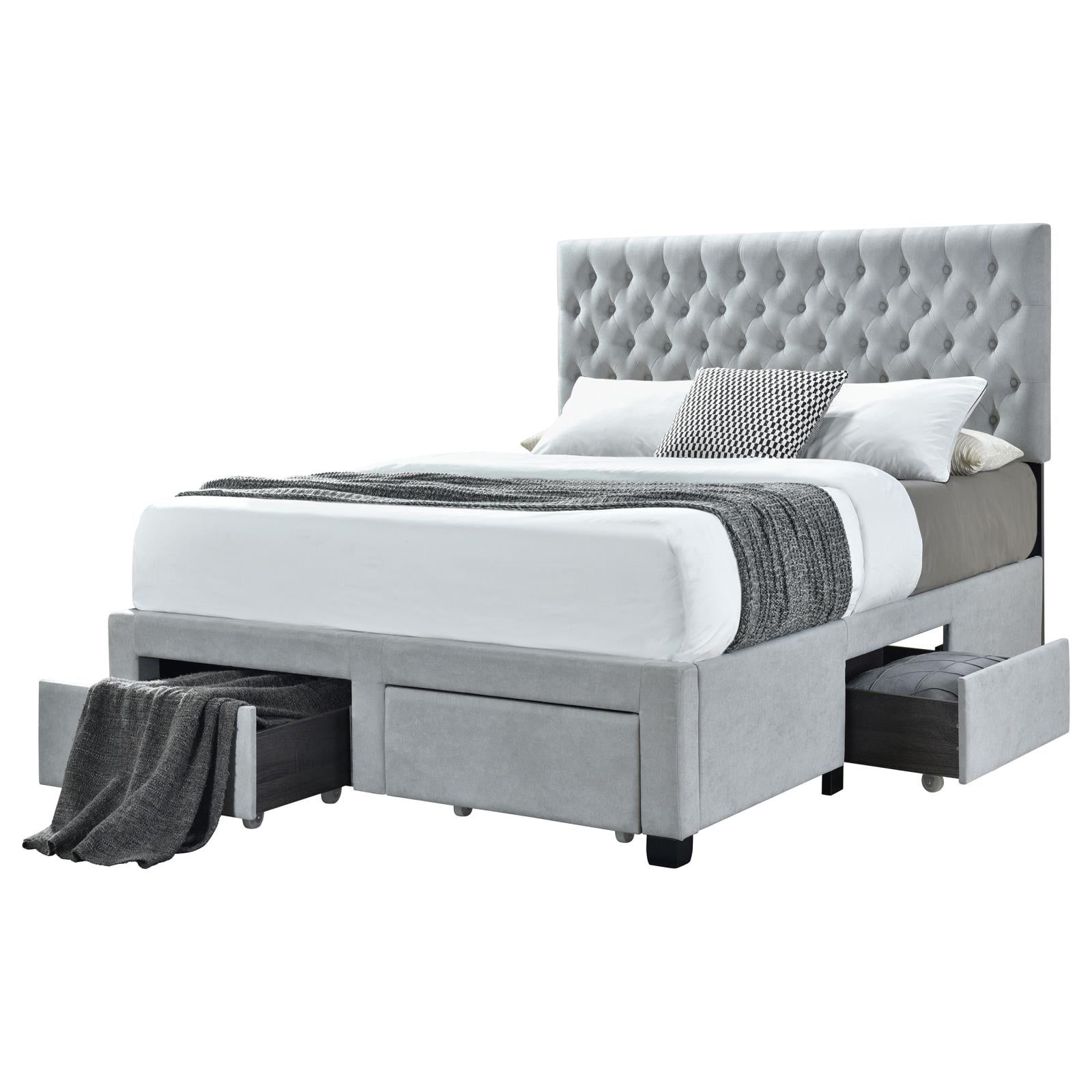 Light Grey Tufted 4 Drawer Full Storage Bed Box Spring Not Required Full Grey Wood Bedroom Glam Rubberwood Storage Included Foam Polyester Fabric