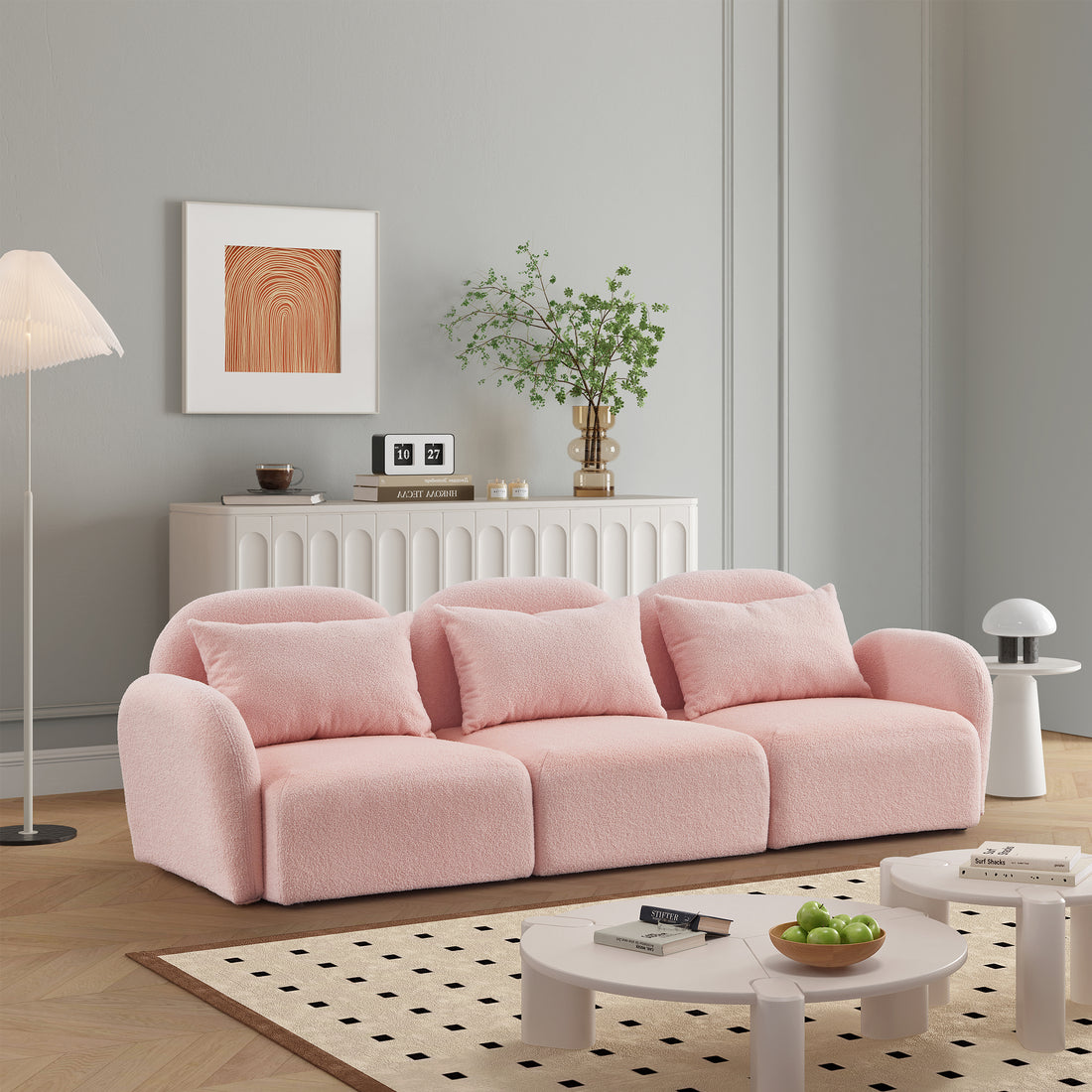 Living Room Furniture Three Seat Lazy Sofa Teddy Fabric Pink Pink Foam Teddy