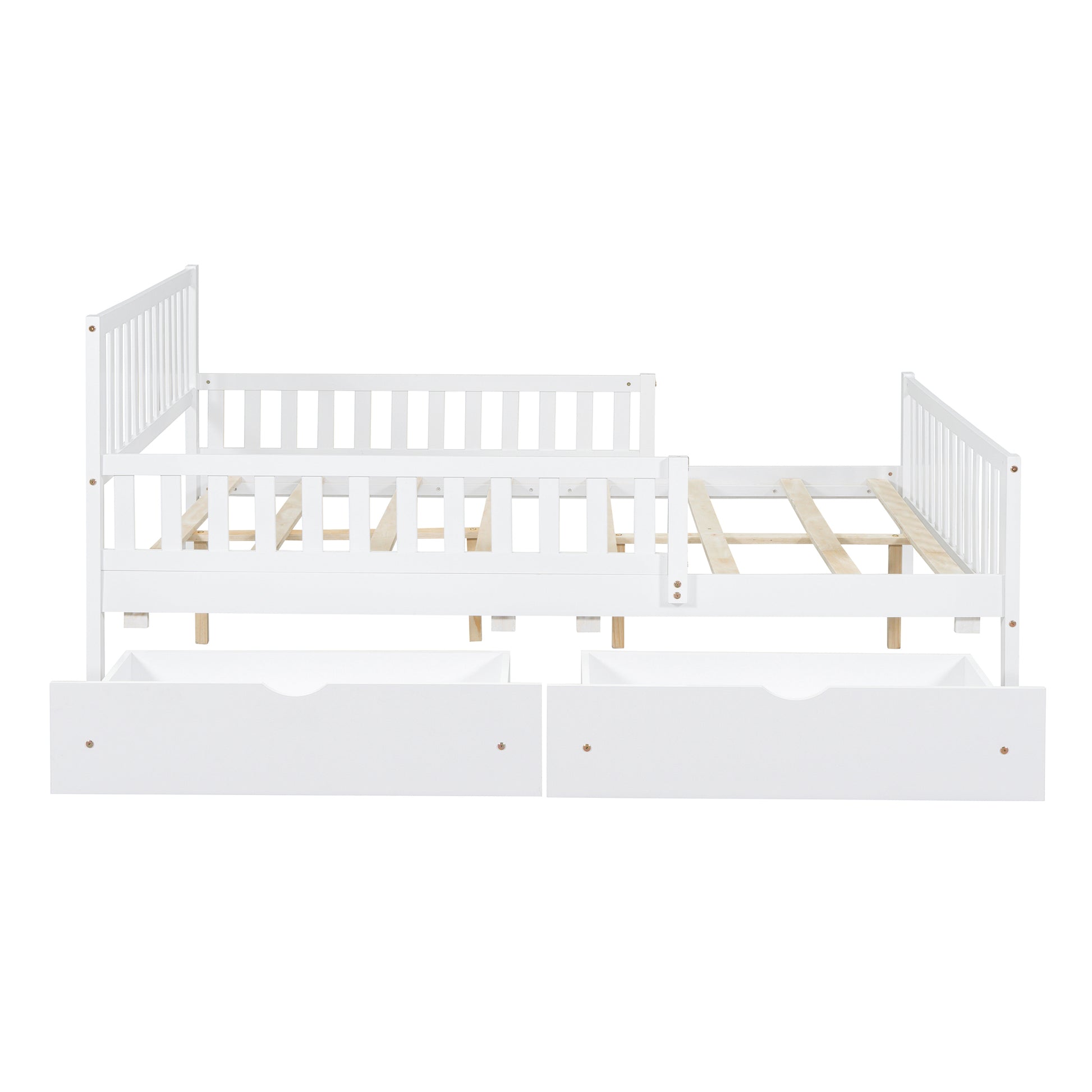 Full Size Wood Platform Bed With Guardrails On Both Sides And Two Storage Drawers ,White Full White Wood