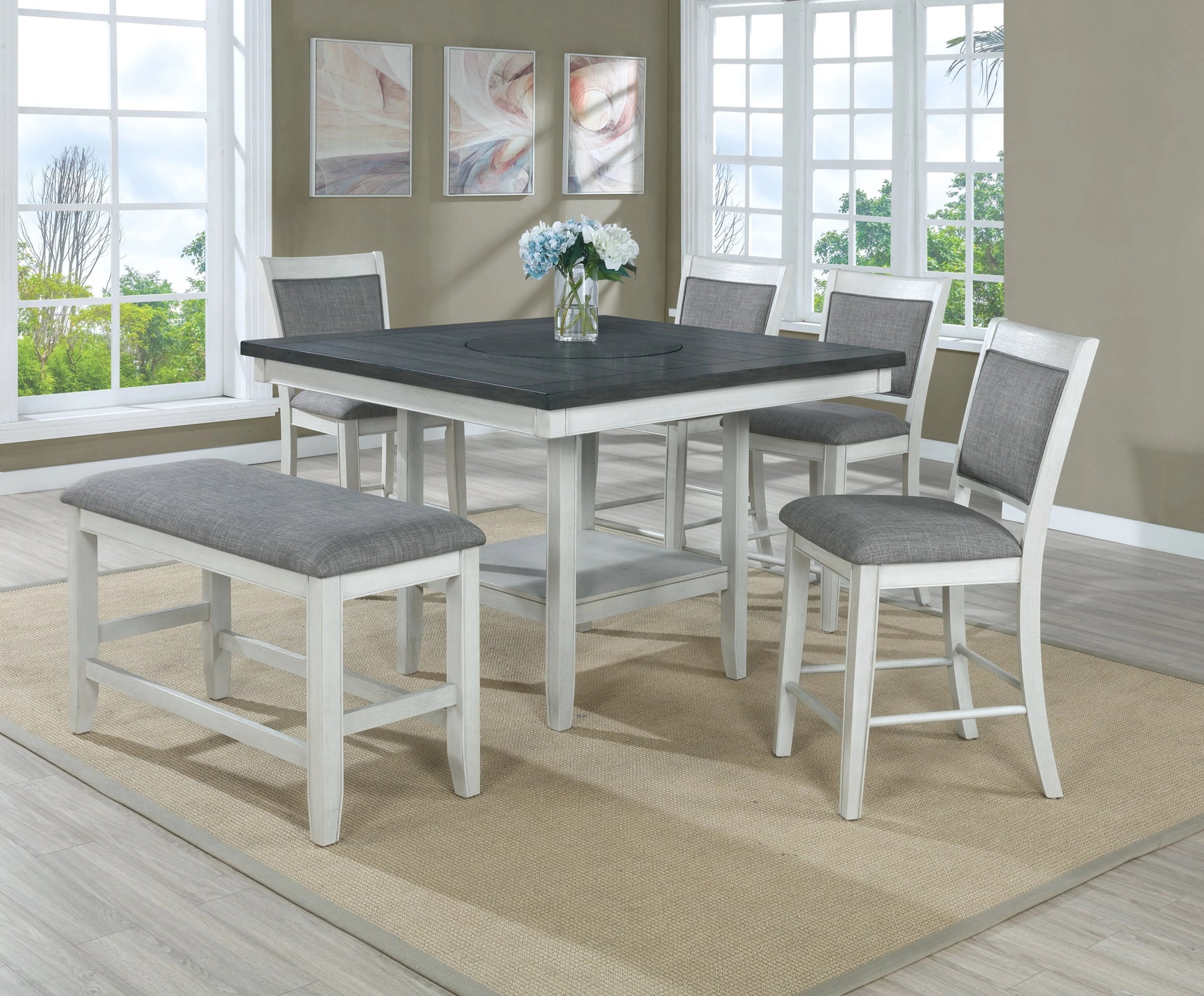 1Pc Contemporary Transitional Counter Height Dining Table With 20 Inch Lazy Susan Chalk Gray Finish Wooden Wood Veneers Solid Wood Dining Room Furniture Off White Gray Dining Room Contemporary,Farmhouse,Transitional Square Wood