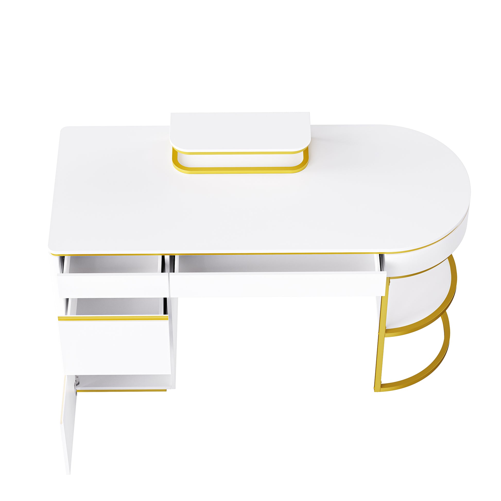 60''Modern Executive Desk,White Curved Computer Desk With Gold Metal Legs,3 Drawers Home Office Desk,Writing Desk With 1 Storage Cabinet For Home Office,Living Room,Gold White Gold White Mdf