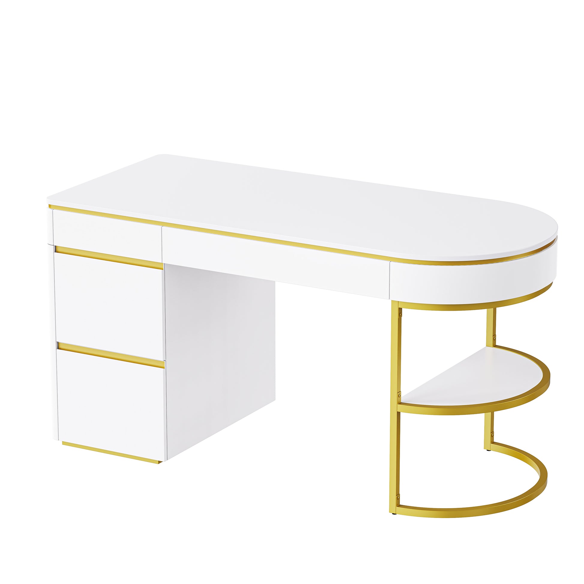 60''Modern Executive Desk,White Curved Computer Desk With Gold Metal Legs,3 Drawers Home Office Desk,Writing Desk With 1 Storage Cabinet For Home Office,Living Room,Gold White Gold White Mdf