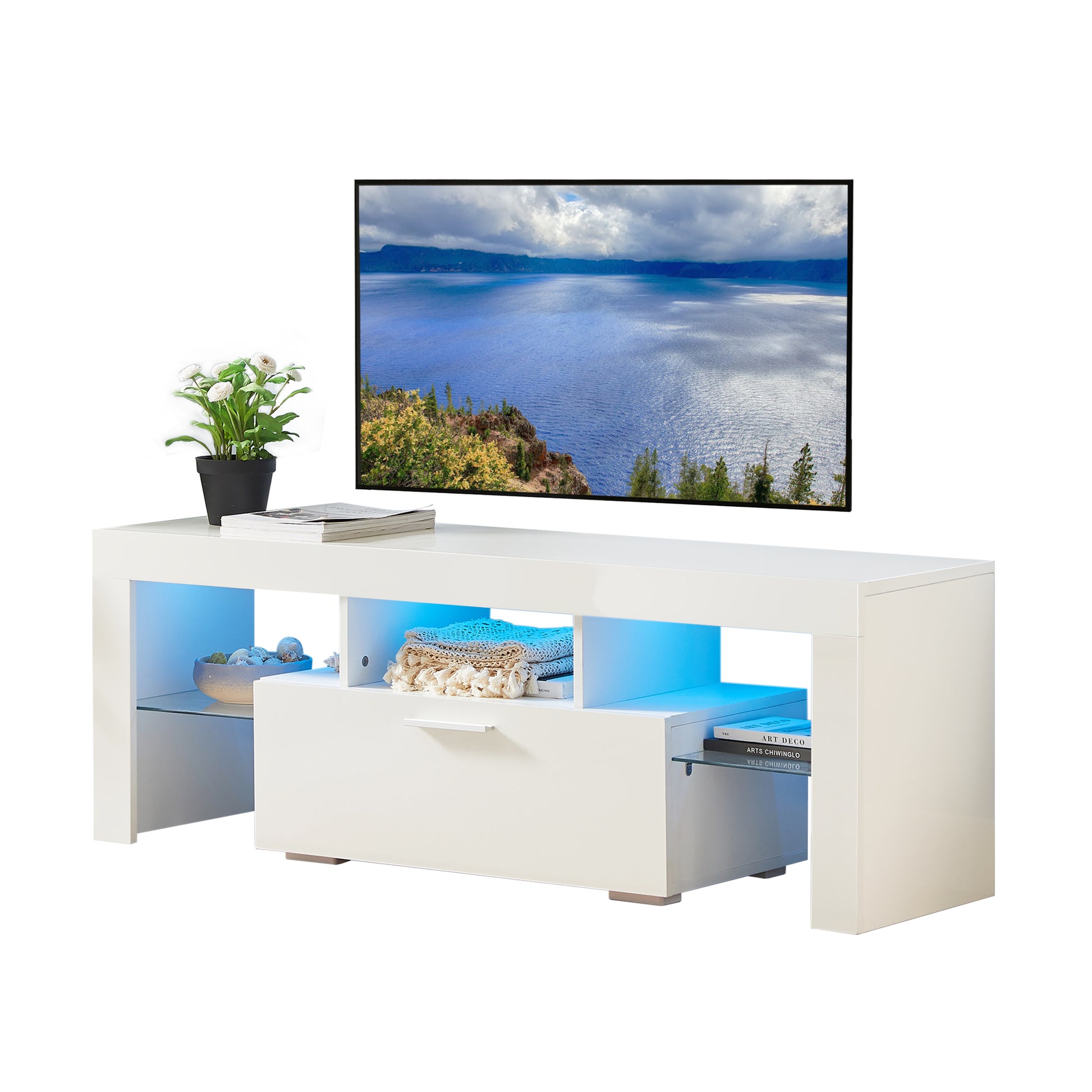 Fashiontvstandtvcabinet,Entertainmentcenter,Tvstationtv Console,Media Console,With Ledlight Belt,Light Belt Remote Control,Toughenedglassshelf,Metal Handle,Canbeplaced In The Living Room,Bedroom,White White Primary Living Space 50 59 Inches 50 59 Inches