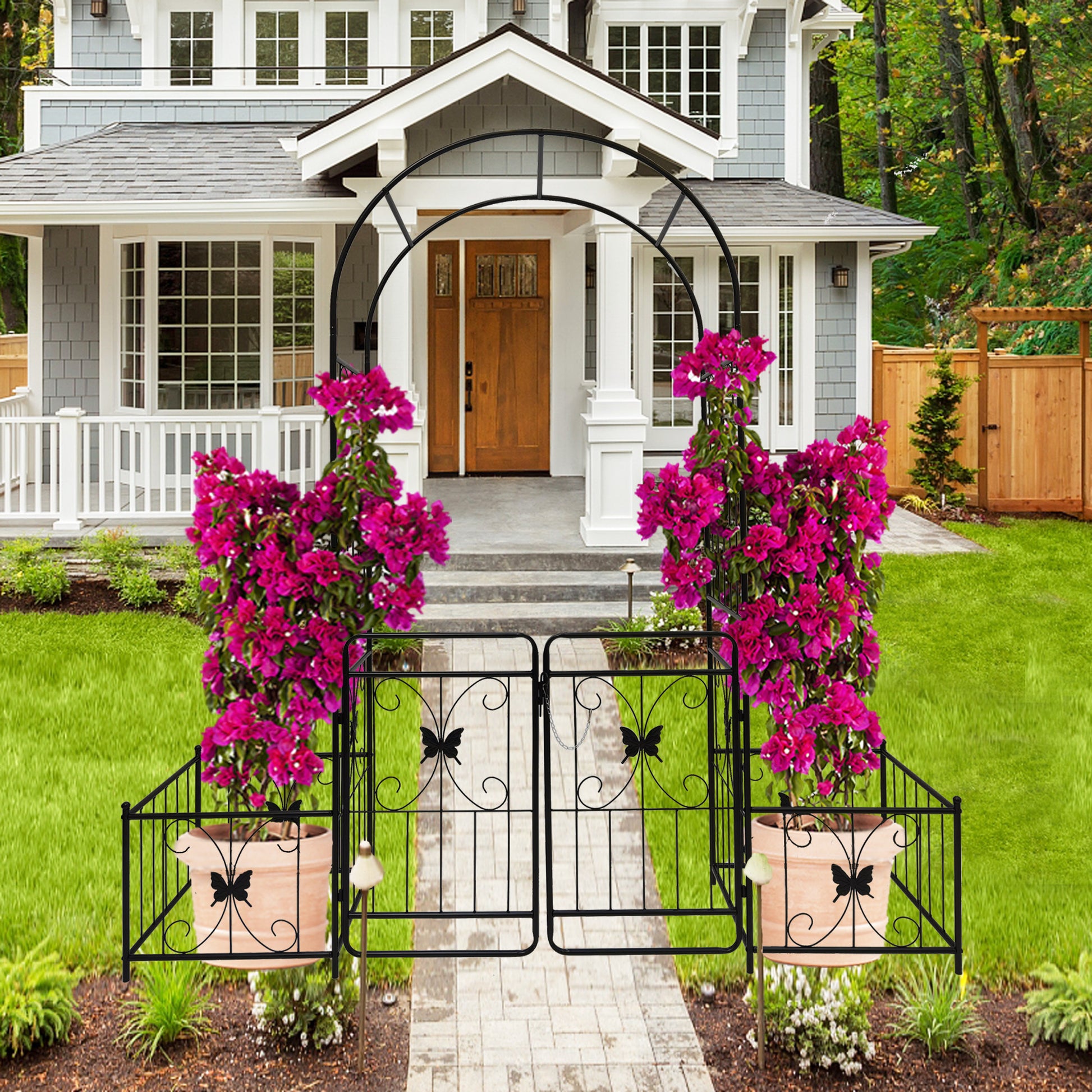 Metal Garden Arch With Gate 79.5'' Wide X 86.6'' High Climbing Plants Support Rose Arch Outdoor Black Black Iron