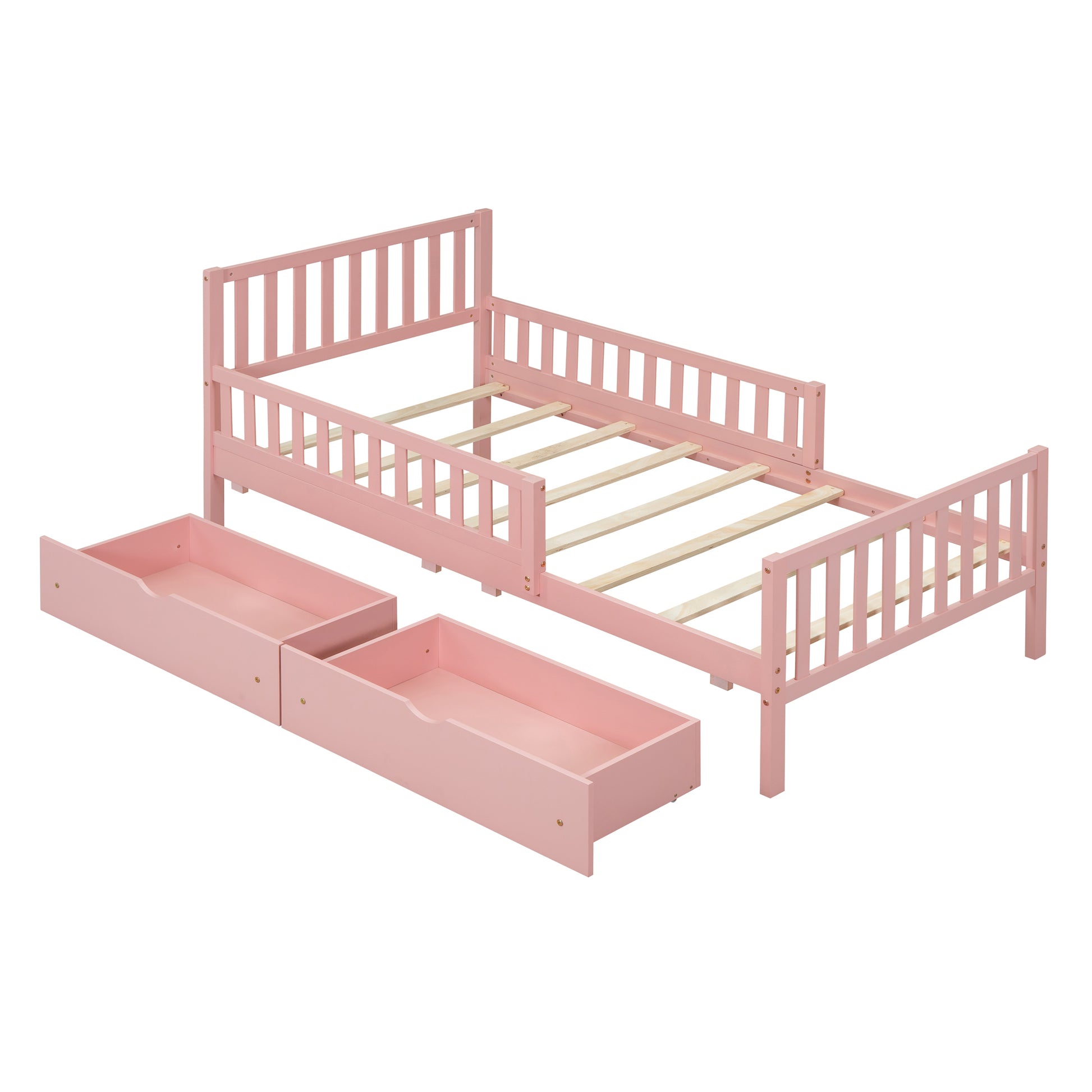 Twin Size Wood Platform Bed With Guardrails On Both Sides And Two Storage Drawers ,Pink Twin Pink Wood