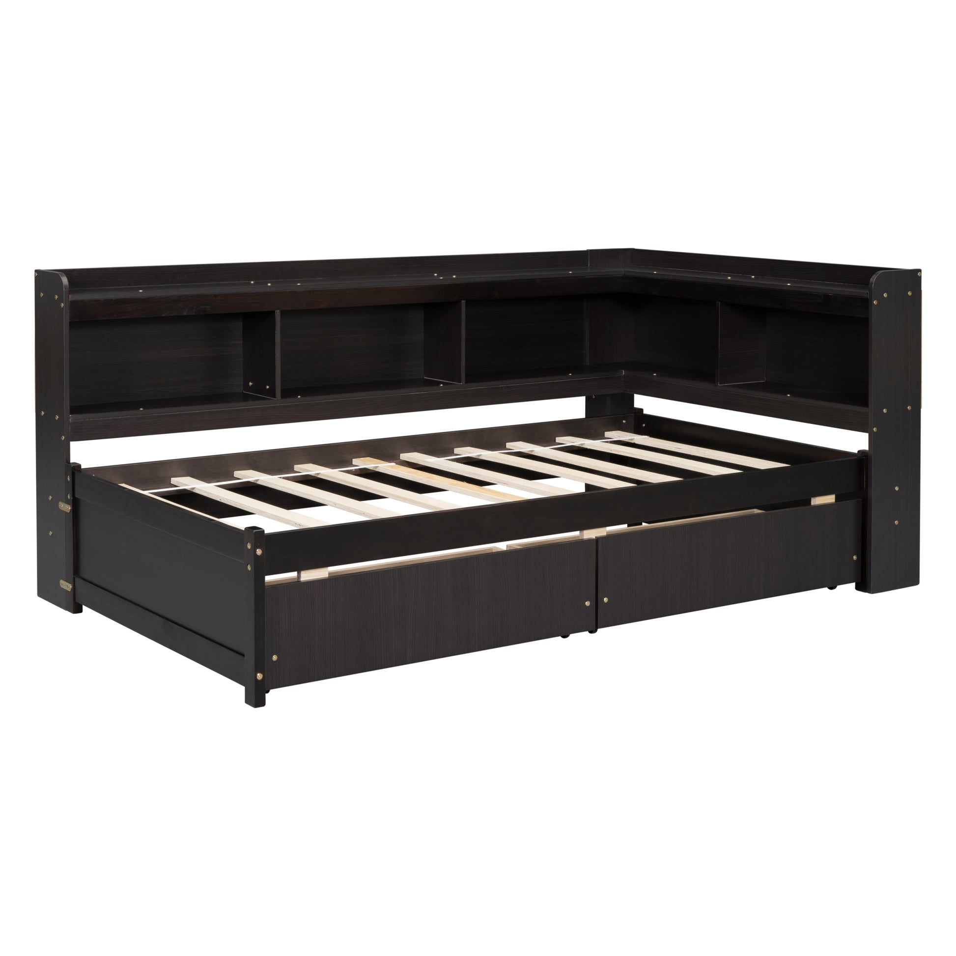 Twin Bed With L Shaped Bookcases,Drawers,Espresso Twin Espresso Pine