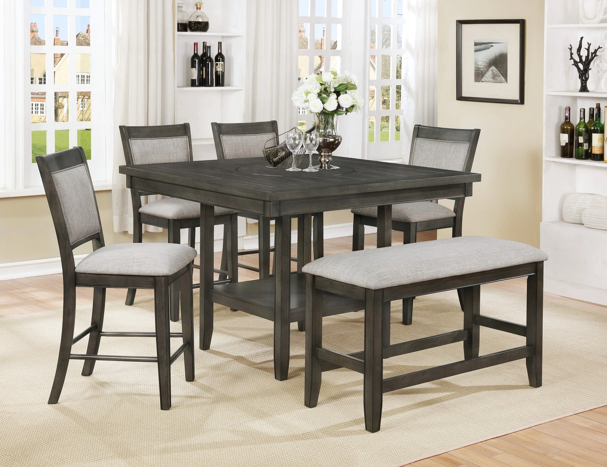 6Pc Dining Set Contemporary Farmhouse Style Counter Height W 20 Inch Lazy Susan Gray Tow Tone Finish Upholstered Chairs Bench Wooden Wood Veneers Solid Wood Dining Room Furniture Upholstered Chair Wood Gray Seats 6 Wood Dining Room