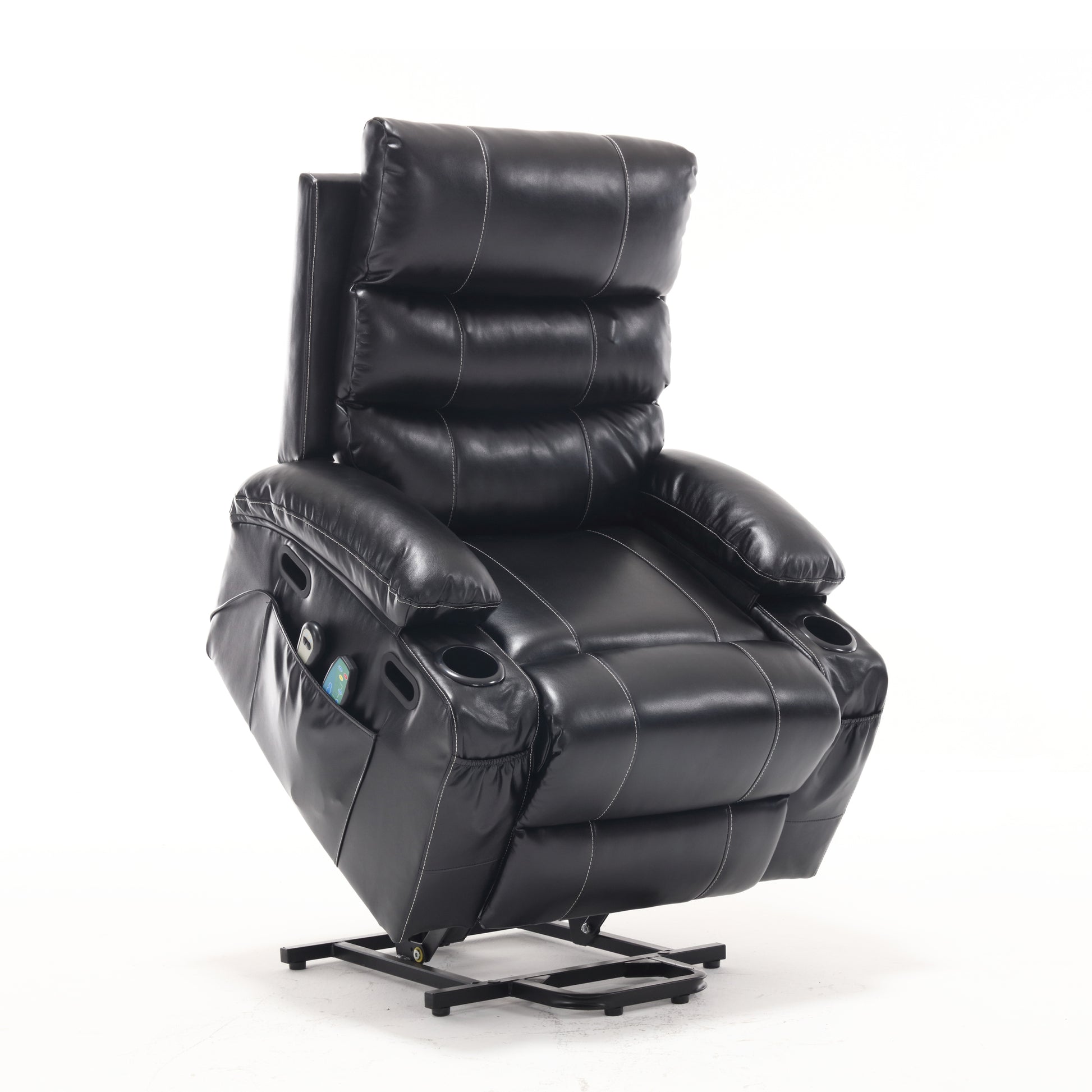 21"Seat Width,Large Size Electric Power Lift Recliner Chair Sofa For Elderly, 8 Point Vibration Massage And Lumber Heat, Remote Control, Side Pockets And Cup Holders, Cozy Fabric, Overstuffed Arm Pu Black Pu