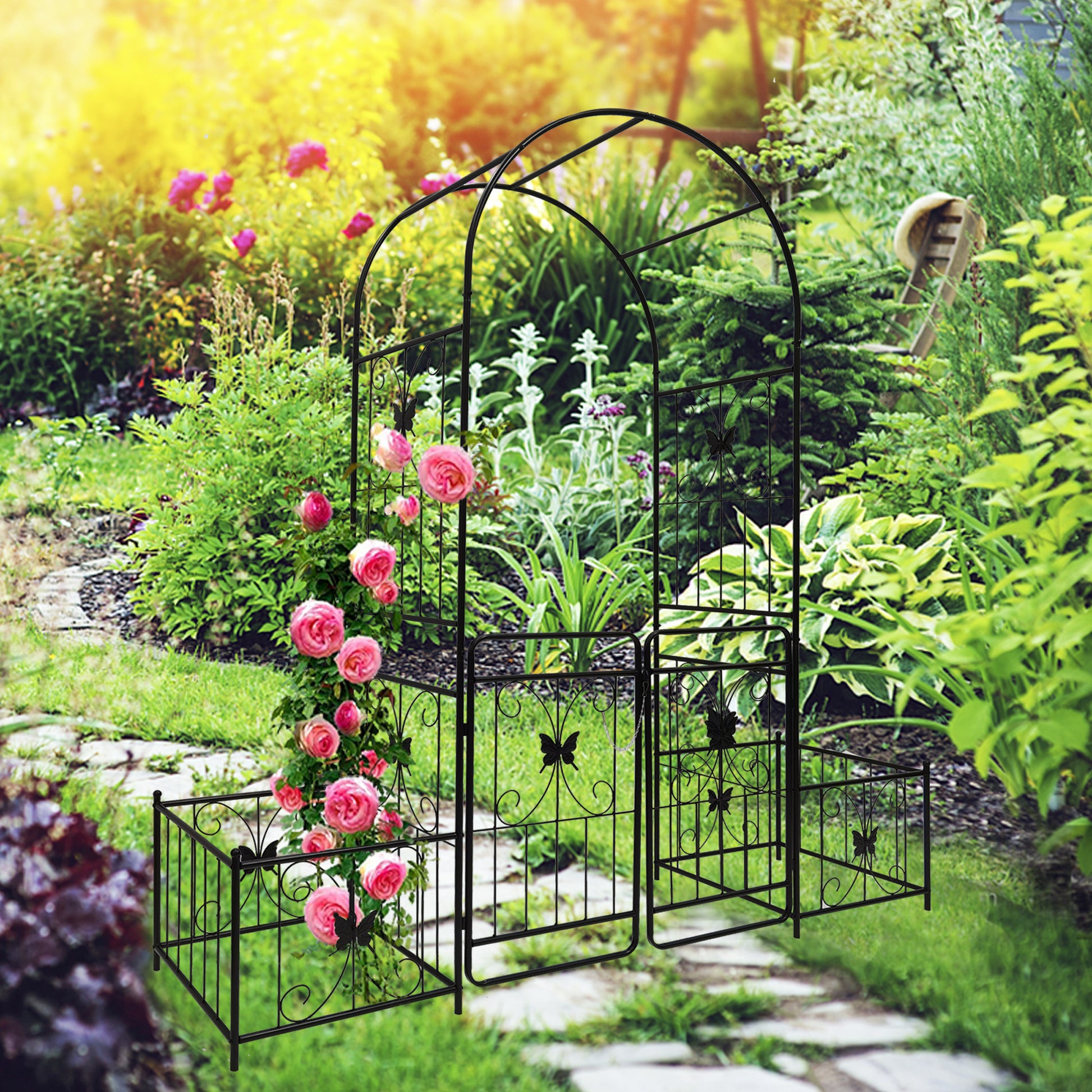 Metal Garden Arch With Gate 79.5'' Wide X 86.6'' High Climbing Plants Support Rose Arch Outdoor Black Black Iron