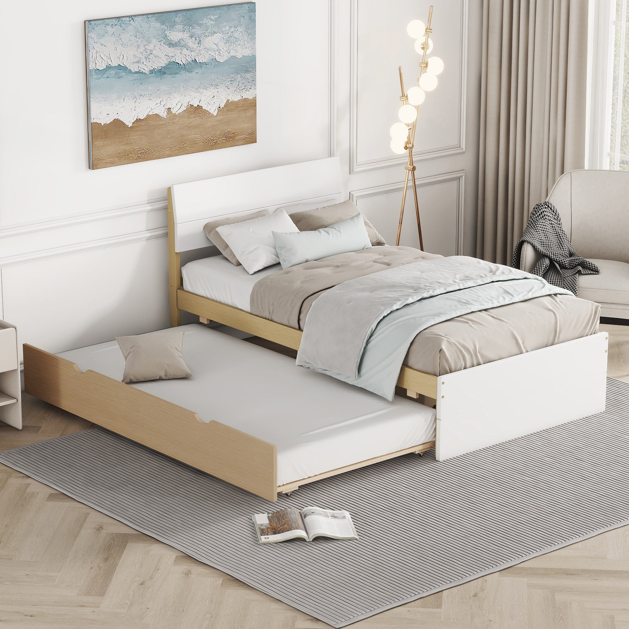 Modern Twin Bed Frame For White High Gloss Headboard And Footboard With Light Oak Trundle Twin White Light Oak Bedroom Mdf,Rubber Wood