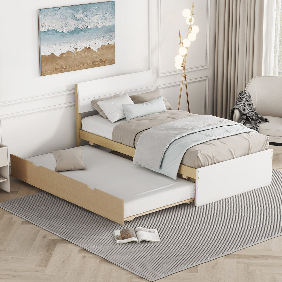 Modern Twin Bed Frame For White High Gloss Headboard And Footboard With Light Oak Trundle Twin White Light Oak Bedroom Mdf,Rubber Wood