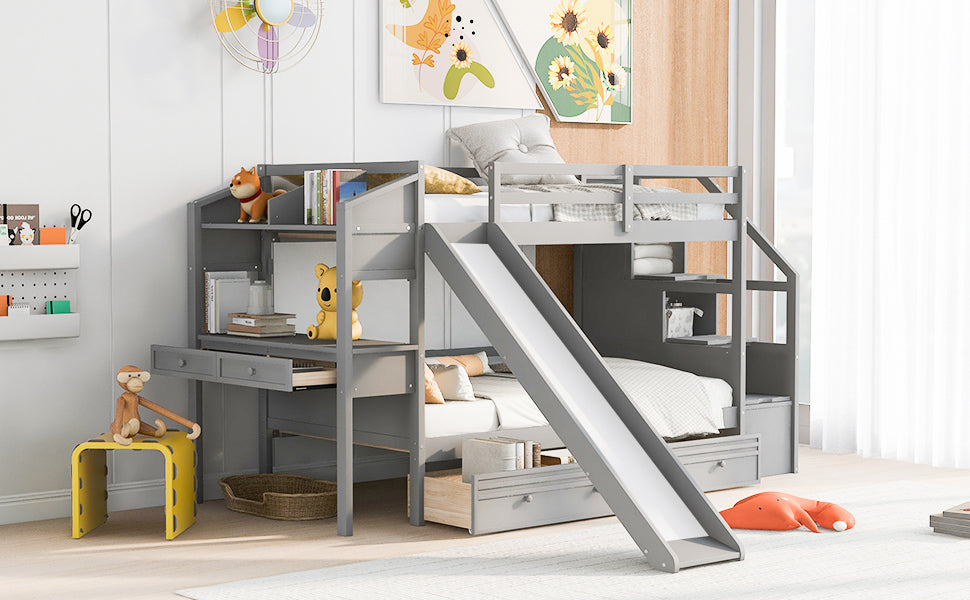 Twin Over Twin Bunk Bed With Storage Staircase, Slide And Drawers, Desk With Drawers And Shelves, Gray Box Spring Not Required Twin Gray Wood Bedroom Bunk Pine