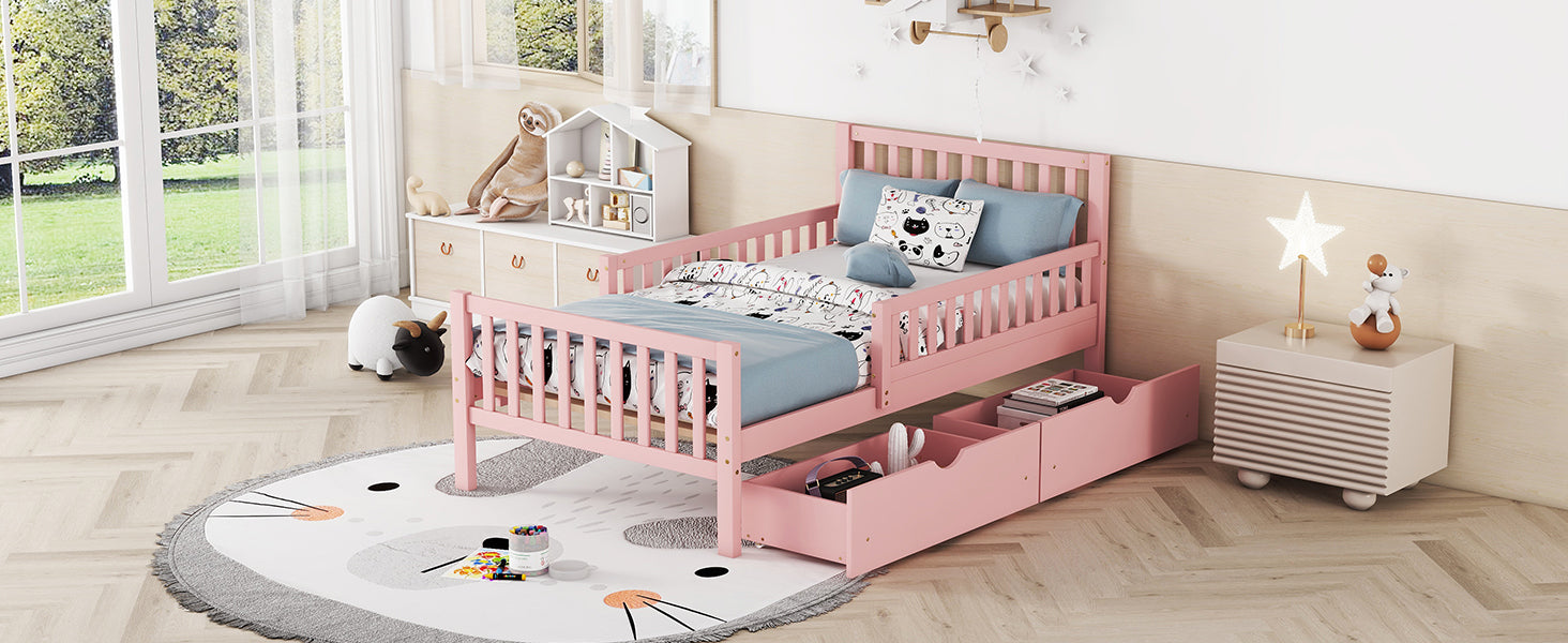 Twin Size Wood Platform Bed With Guardrails On Both Sides And Two Storage Drawers ,Pink Twin Pink Wood