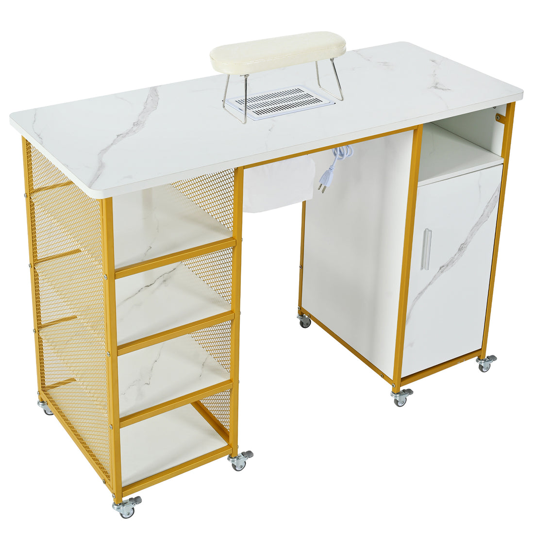 Manicure Table, Marbling Texture Nail Table With Electric Downdraft Vent,Wrist Cushion, Lockable Wheels, Storage Layers & Cabinet,White Gold White Modern Mdf Mdf Metal