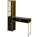 Barber Salon Station For Hair Stylist,Beauty Salon Station With Lockable Drawer, Left Shelf And Storage Cabinet, Beauty Spa Equipment, Mirror Not Included,Black Gold White Modern Mdf Mdf Metal