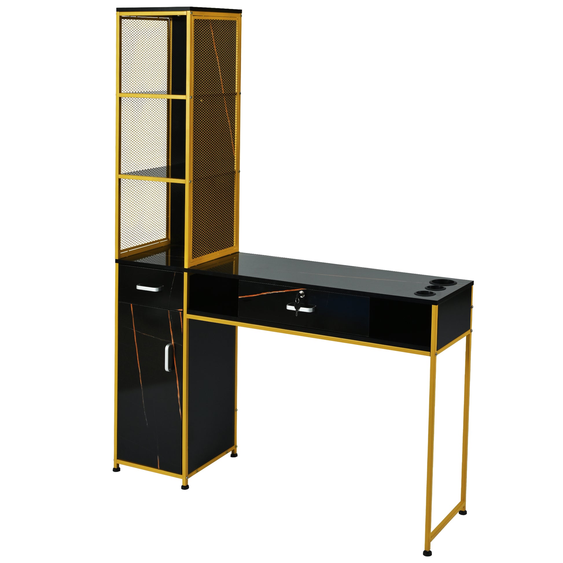 Barber Salon Station For Hair Stylist,Beauty Salon Station With Lockable Drawer, Left Shelf And Storage Cabinet, Beauty Spa Equipment, Mirror Not Included,Black Gold White Modern Mdf Mdf Metal