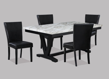 White Faux Marble & Black Finish Dining Table Set Black Faux Leather Upholstered Chairs Trim Polyurethane Fabric 5Pc Set Wood Marble White Black Seats 4 Wood Dining Room 72 Inches Fixed Table Traditional,Vintage Rectangular Rectangular Dining Table With