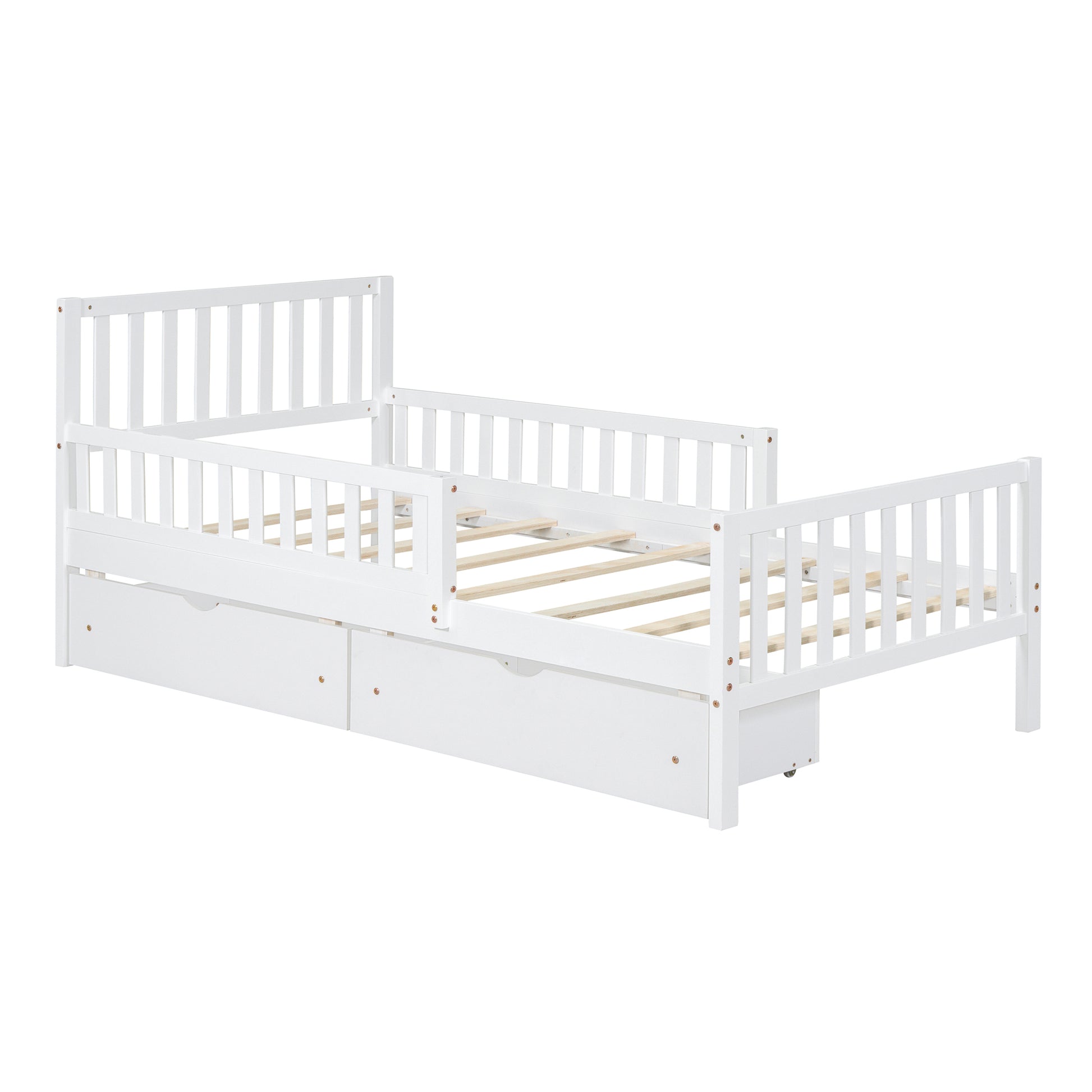 Twin Size Wood Platform Bed With Guardrails On Both Sides And Two Storage Drawers ,White Twin White Wood