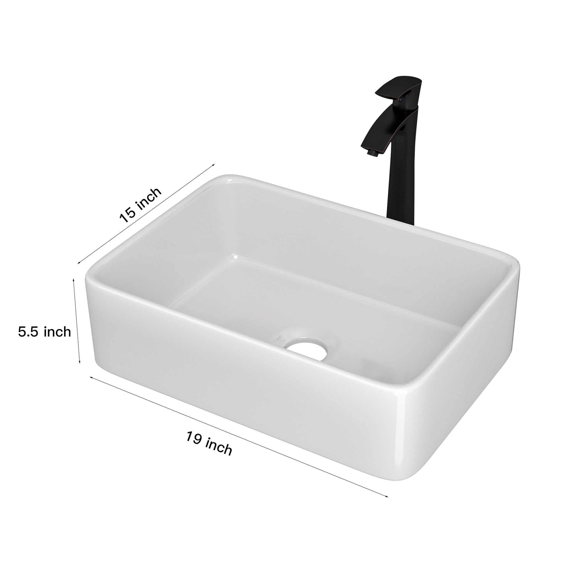 19"X15" Rectangle Bathroom Sink And Faucet Combo Modern Above White Porcelain Ceramic Vessel Vanity Sink Art Basin& Oil Rubber Bronze Single Lever Faucet Combo White Ceramic