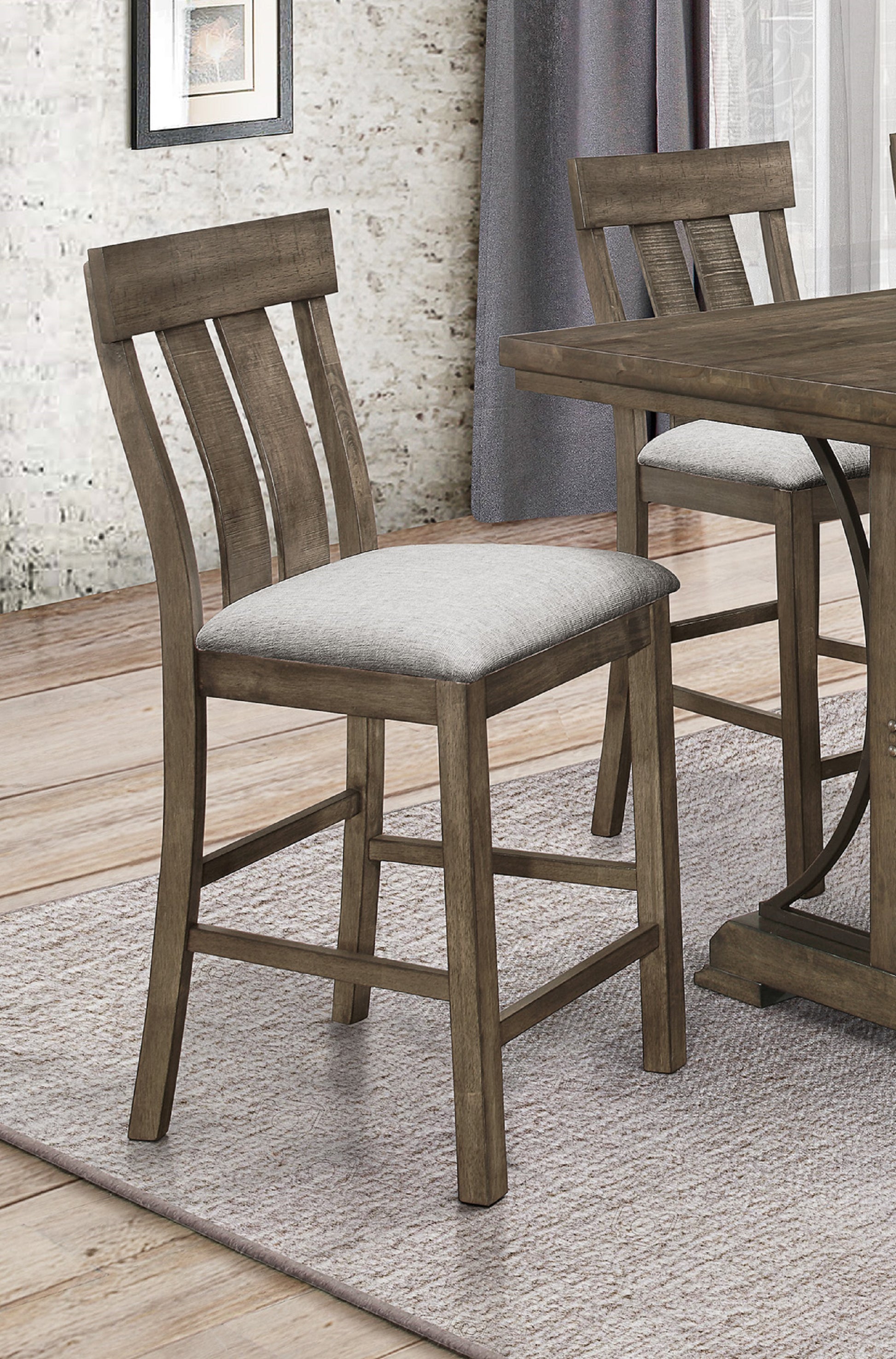 2Pc Brown Oak & Gray Fabric Counter Height Dining Chair Rustic Farmhouse Style Standard Dining Height Upholstered Seat Wooden Furniture Brown Dining Room Contemporary,Farmhouse Dining Chairs Ladder Back Wood