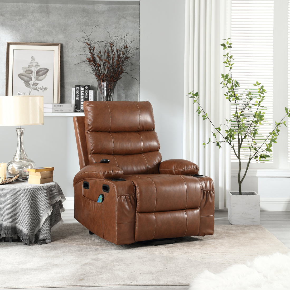 21"Seat Width,Large Size Electric Power Lift Recliner Chair Sofa For Elderly, 8 Point Vibration Massage And Lumber Heat, Remote Control, Side Pockets And Cup Holders, Cozy Fabric, Overstuffed Arm Pu Brown Pu