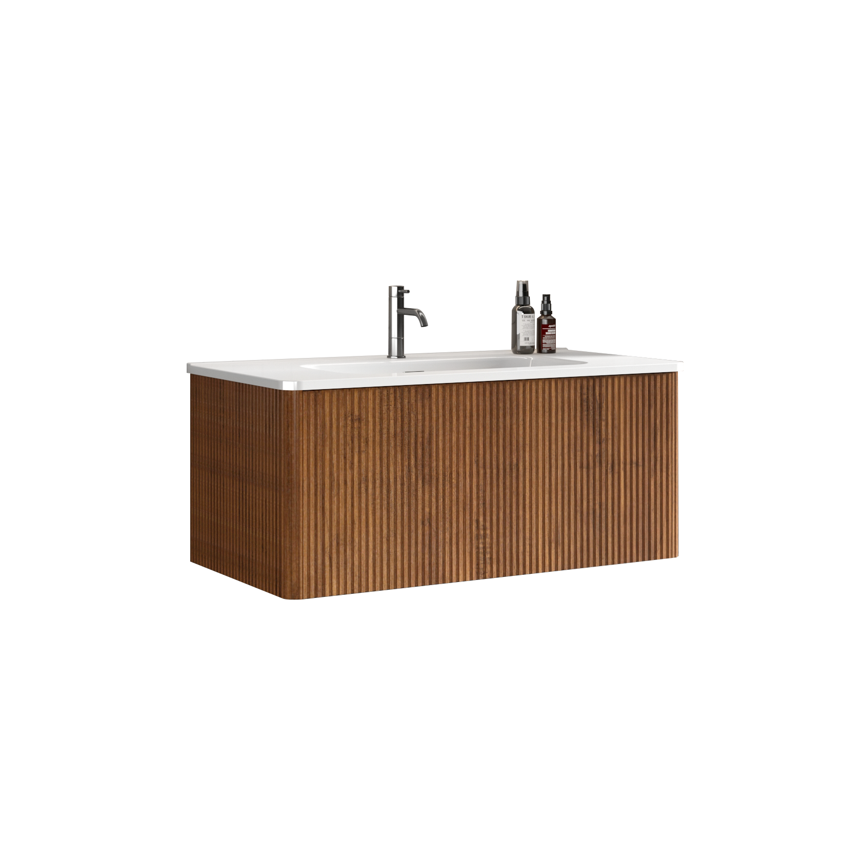 U048 Etna36W 305 Etna 36" Striped Walnut Bathroom Vanity With White Ceramic Sink, Wall Mounted Floating Bathroom Vanity For Modern Bathroom, Pre Assembled White Walnut Melamine