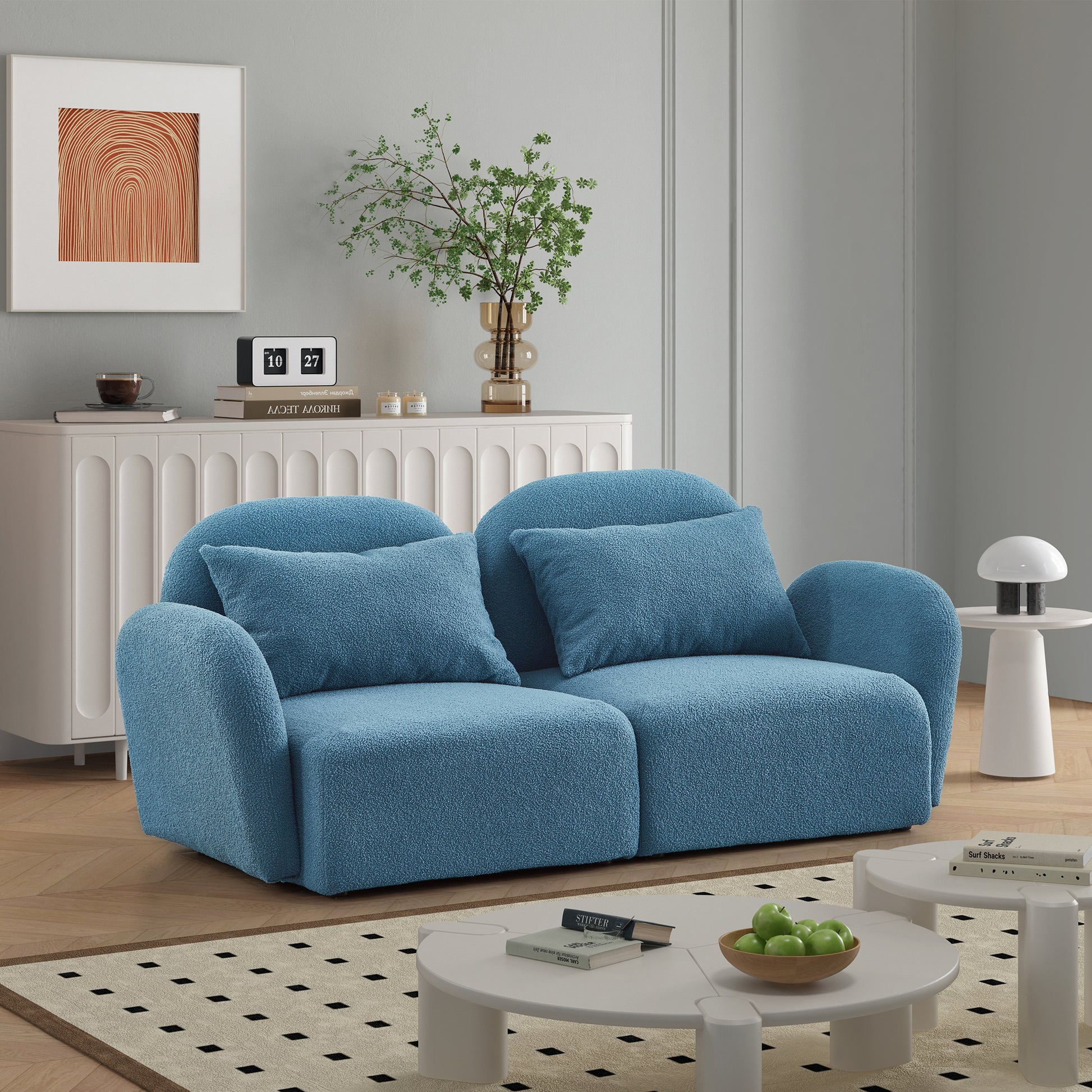 Living Room Furniture Lazy Sofa Loveseat Teddy Fabric Blue Blue Foam Teddy