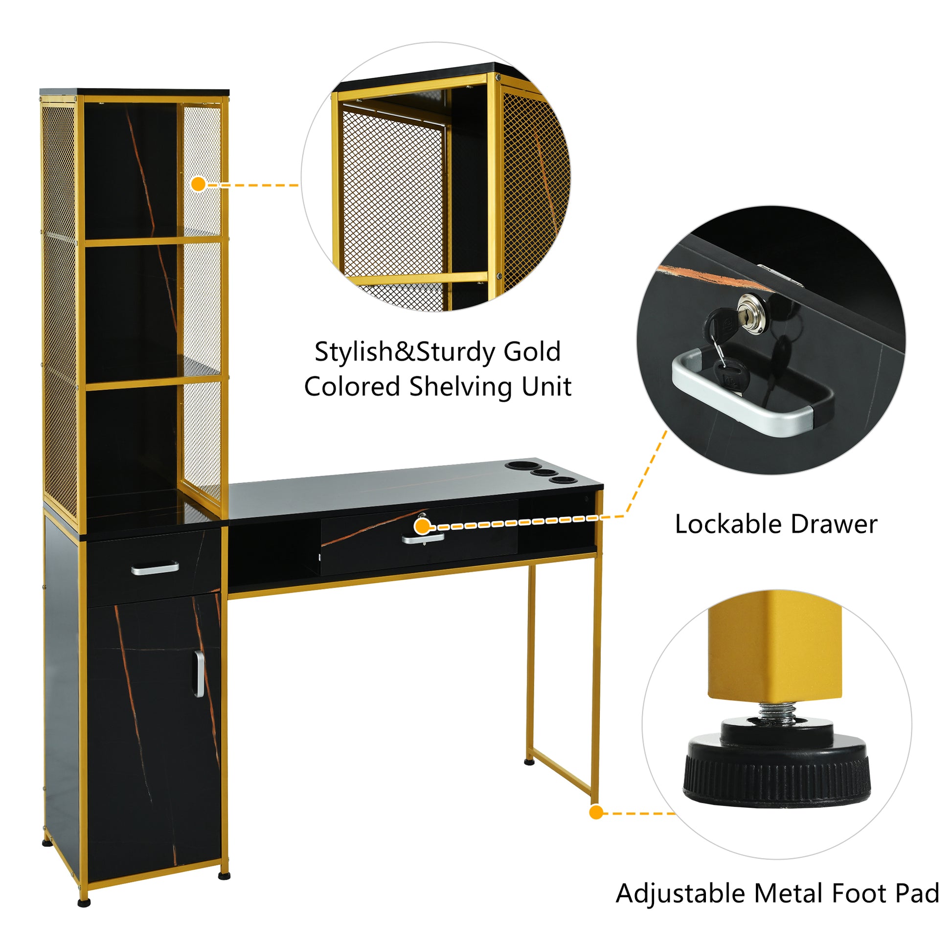 Barber Salon Station For Hair Stylist,Beauty Salon Station With Lockable Drawer, Left Shelf And Storage Cabinet, Beauty Spa Equipment, Mirror Not Included,Black Gold White Modern Mdf Mdf Metal